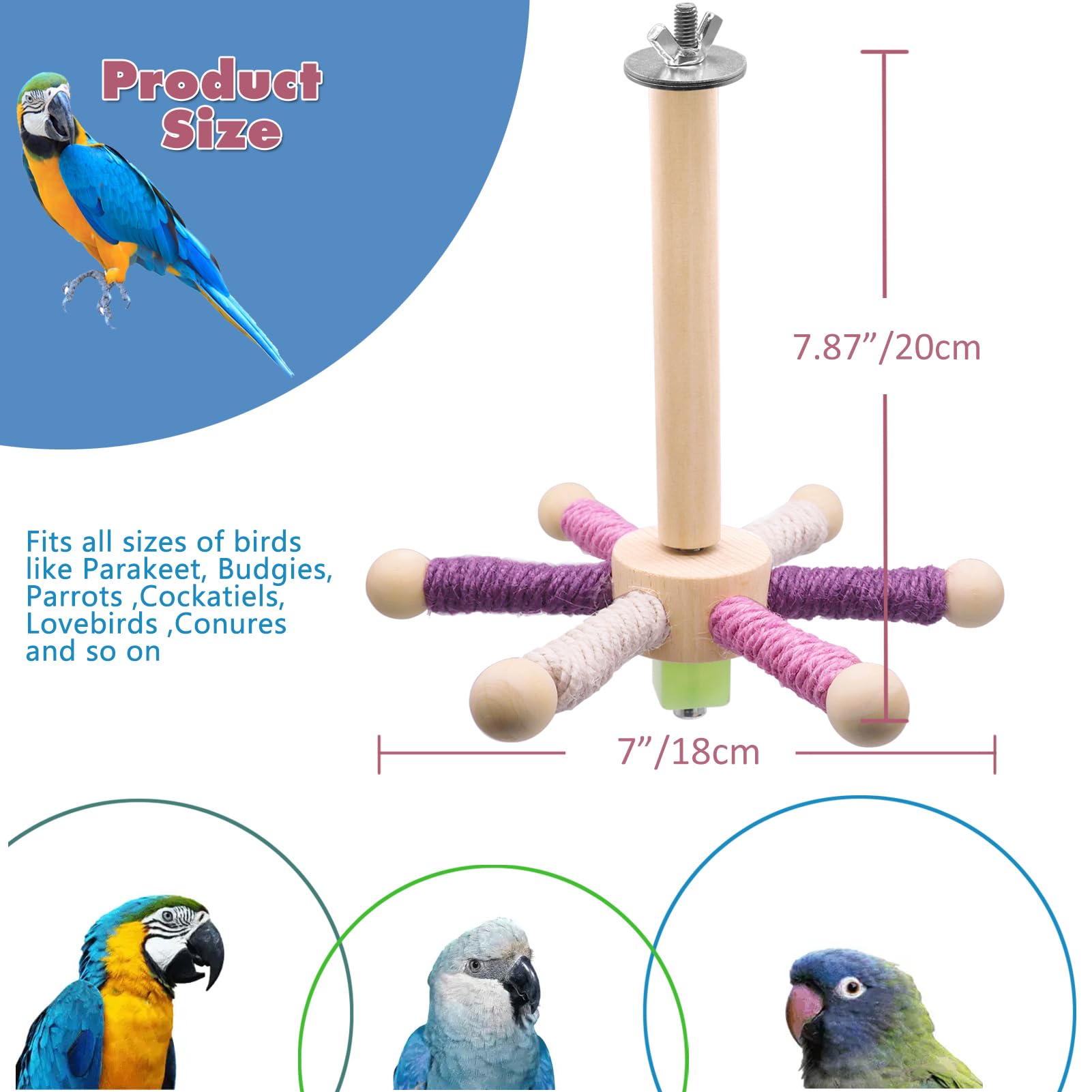 Failun Bird Stand Perch Toy, Parakeet Interactive Rotating Toys,Wooden Exercise Wheel Parrot Toys,Cockatiel Toys For Birds Cage