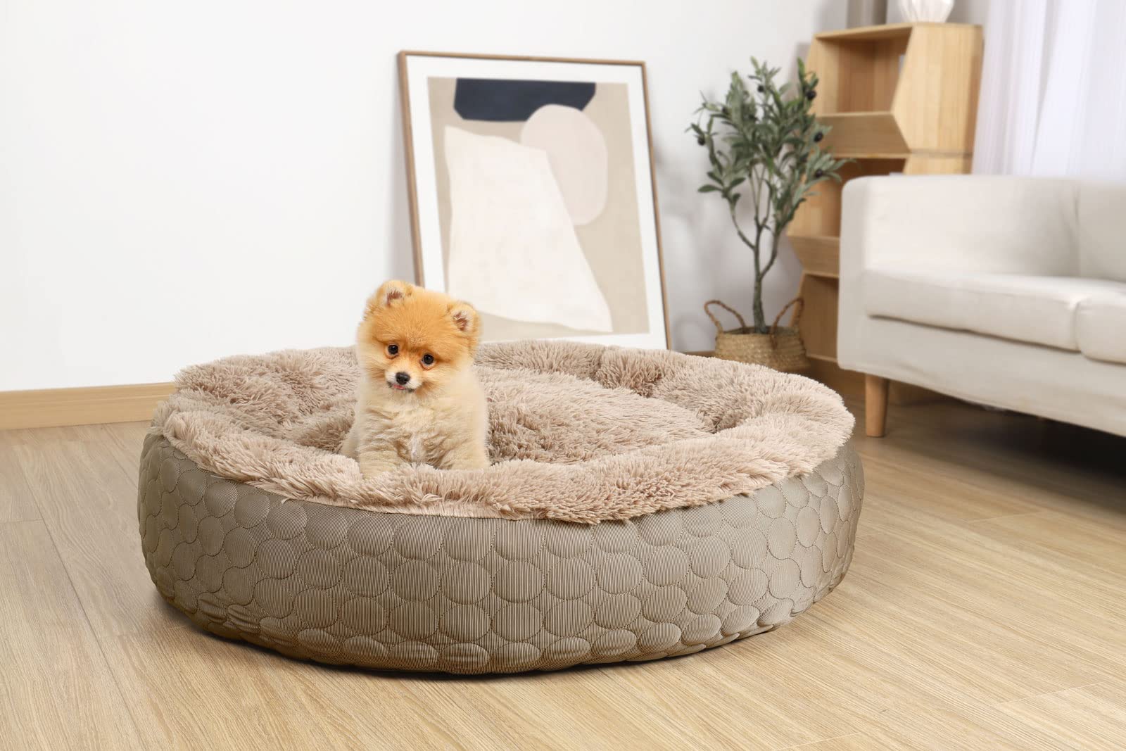 Hachikitty Dog Donut Bed Calming Bed Donut Round, Fluffy Dog Bed Medium Large Dogs, Cooling Warming Soft Dog Cushion Bed, Double Sided Available Donut Bed With Warm & Cool Sides(X-Large, Taupe)