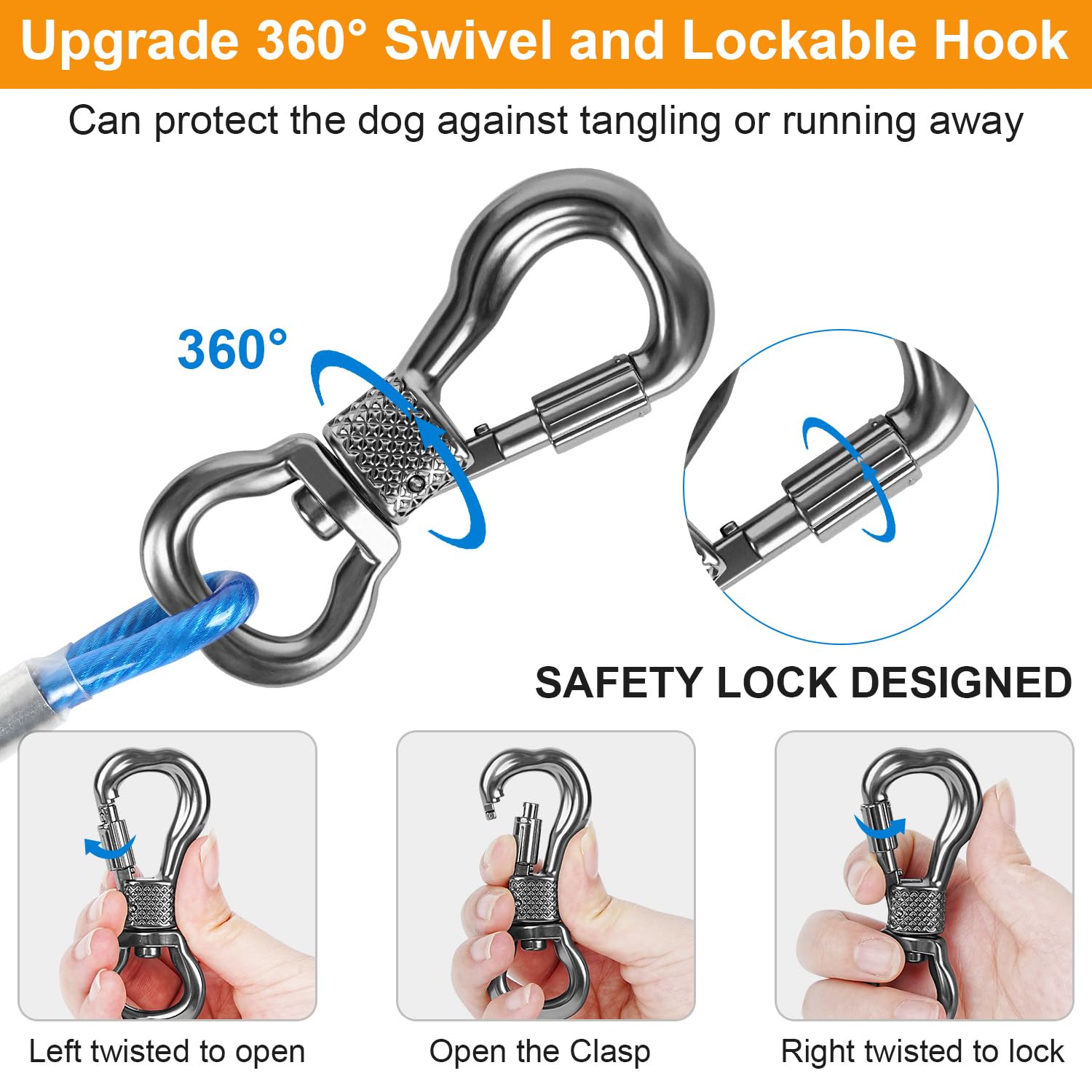 Tresbro 30 Ft Dog Tie Out Cable, Heavy Duty Dog Chains For Outside With Spring Swivel Lockable Hook, Pet Runner Cable Leads For Yard, Blue Dog Line Tether For Small Medium Large Dogs Up To 500 Lbs