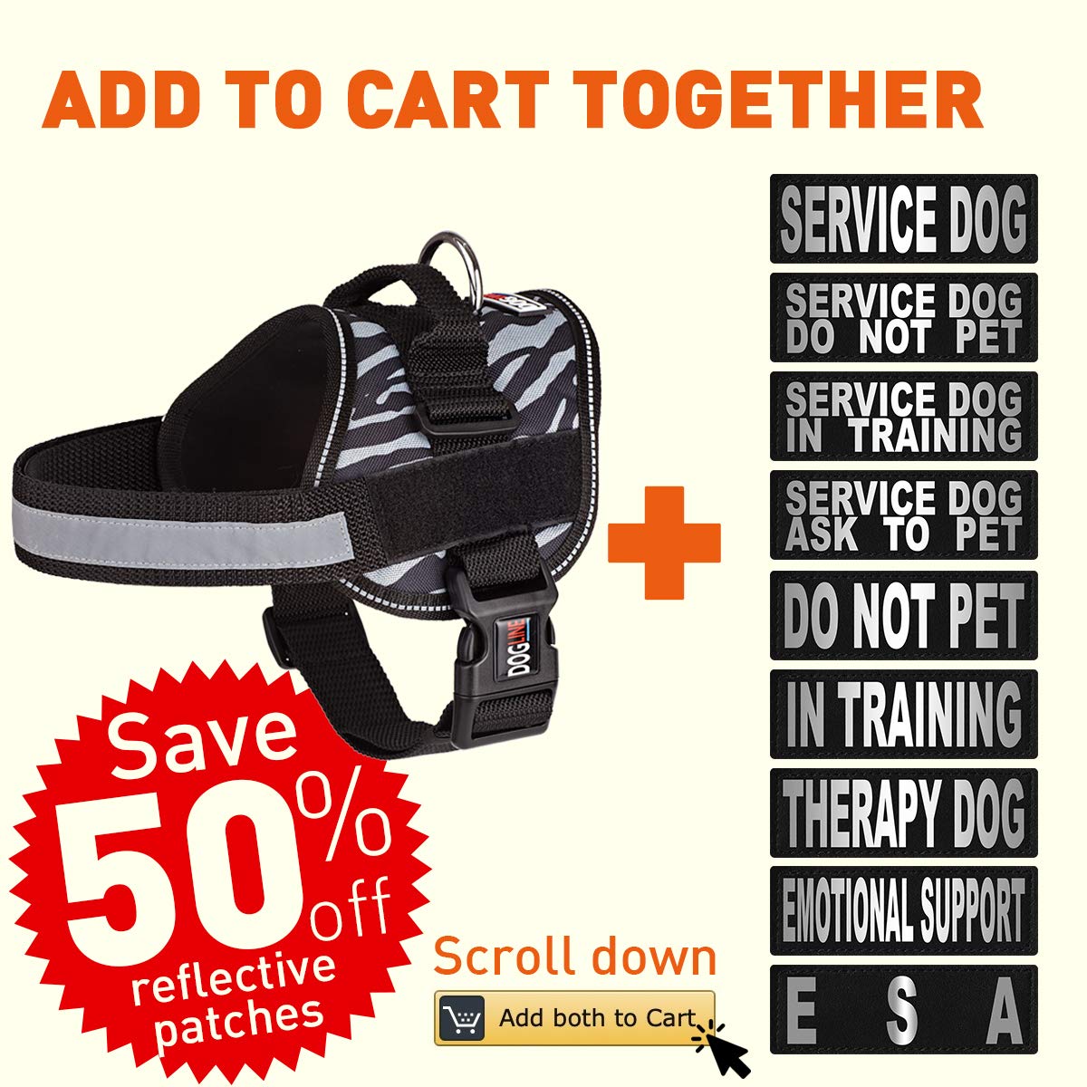 Dog Harness, Reflective No-Pull Adjustable Vest With Handle For Walking, Training, Service Breathable No - Choke Harness For Small, Medium Or Large Dogs Room For Patches Zebra Black/White Xl 36'-46'