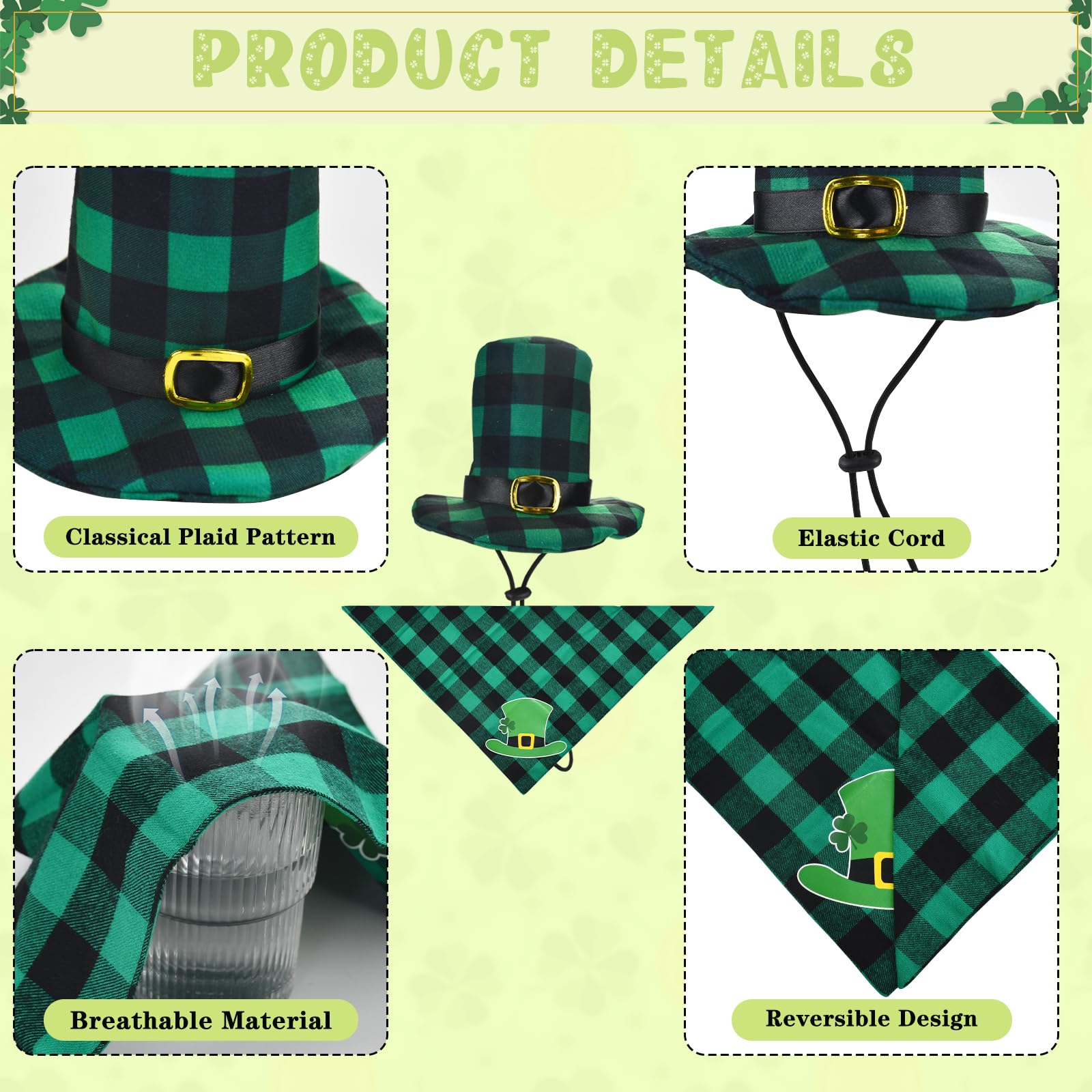 Vehomy 4Pcs St Patrick'S Day Dog Hat Collar And Bandana Costumes Buffalo Plaid Dog Hats Cotton Dog Shamrock Scarf Bowtie Irish H