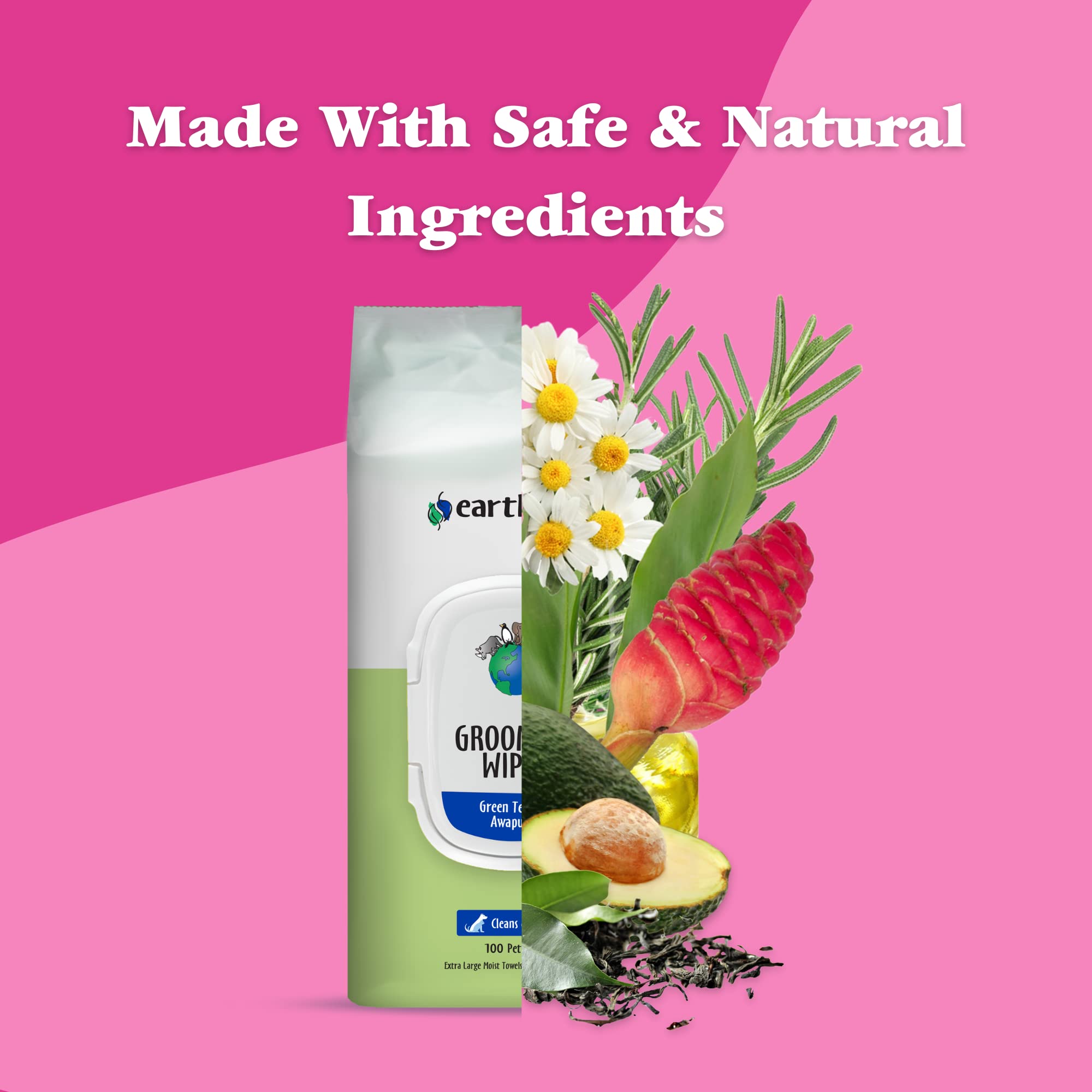 Earthbath, Green Tea & Awapuhi Grooming Wipes - Dog Wipes For Paws And Butt, Best Pet Wipes For Dogs & Cats, Made In Usa, Cruelty-Free Dog Cleaning Wipes, Removes Dirt & Dander - 100 Count (2 Pack)