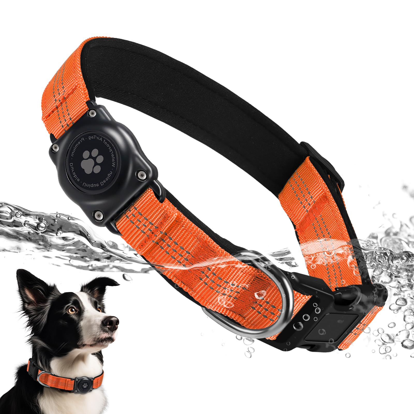 Upgraded Airtag Dog Collar, Ip68 Waterproof Air Tag Dog Collar Holder, Reflective, Ultra-Durable, Comfortable Padded, Heavy Duty Dog Collars For Small Medium Large Dogs (M (12.6'-17.1'), Orange)