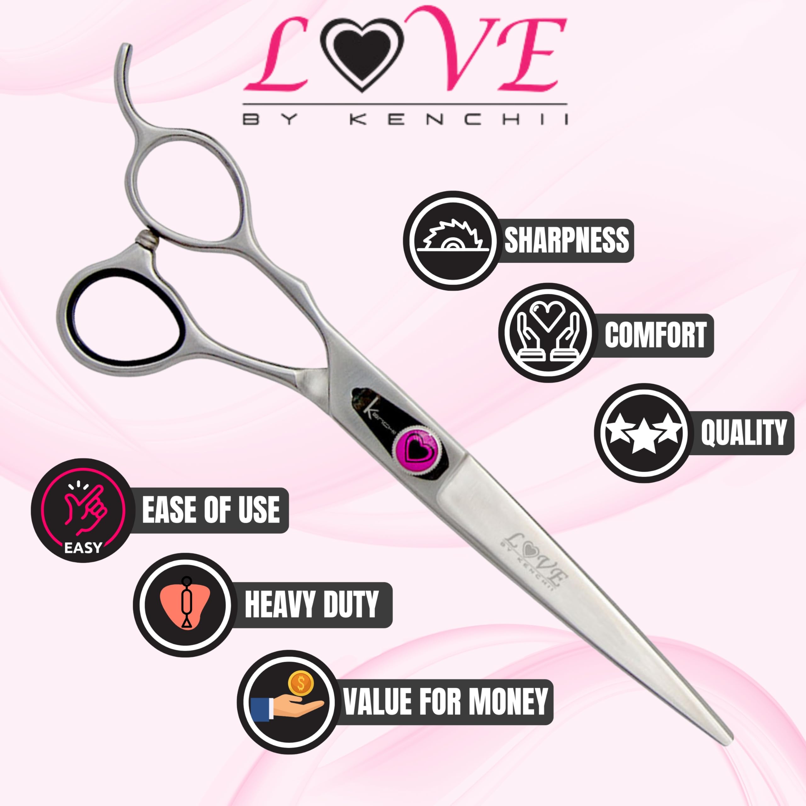 Kenchii Left Handed Dog Grooming Scissors | 7 Inch Shears | Straight Scissors For Dog Grooming | Love Collection Dog Shears | Pet Grooming Accessories | Pet Hair Trimming Scissor