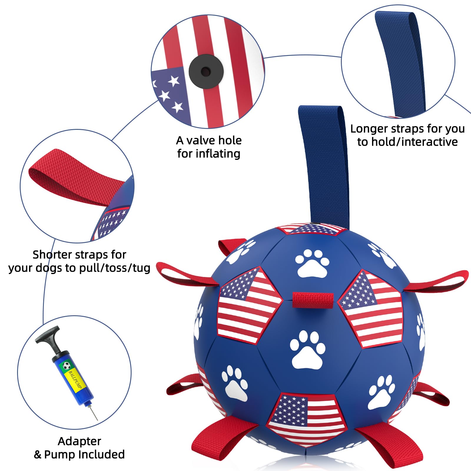 Qdan Dog Toys Soccer Ball With Straps - Durable Dog Balls For Large Dogs, Beach Pool Dog Water Toy, Dog Tug Toys For Tug Of War, Puppy Dog Birthday Gifts (8 Inch)