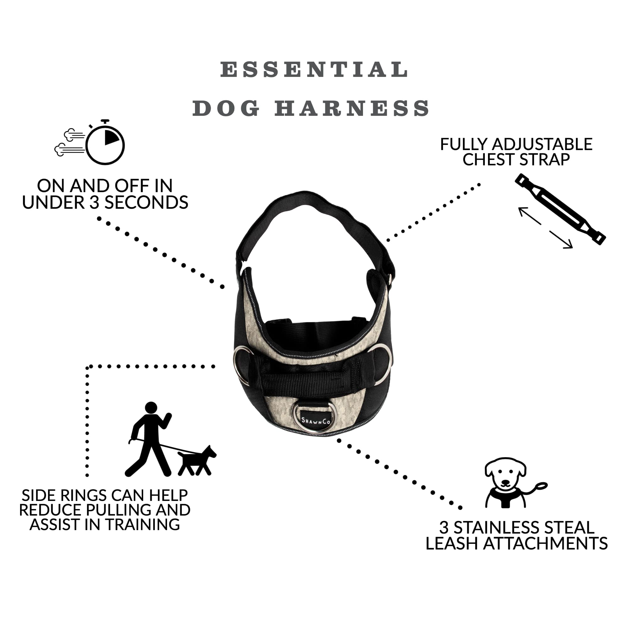Shawnco Essential Dog Harness, No-Pull Pet Vest With 3 Leash Clips, No Choke, Reflective, Adjustable And Padded, For Easy Walking And Training For Small, Medium And Large Dogs (Sahara Camo, Xl)