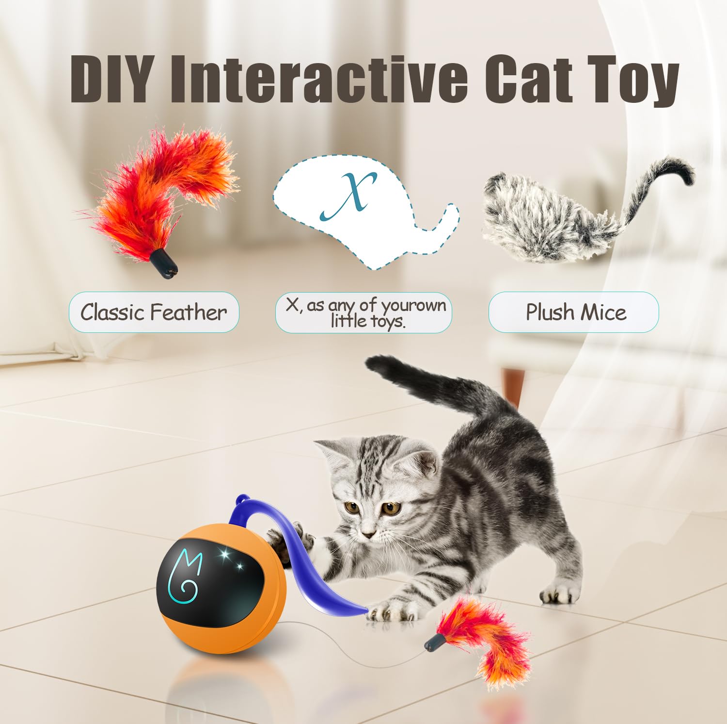 Migipaws Interactive Cat Ball Toy Set, Fun Tracker, Automatic Rolling Chase Ball With Fluffy Tail, A Small Mice, Rechargeable(Orange)