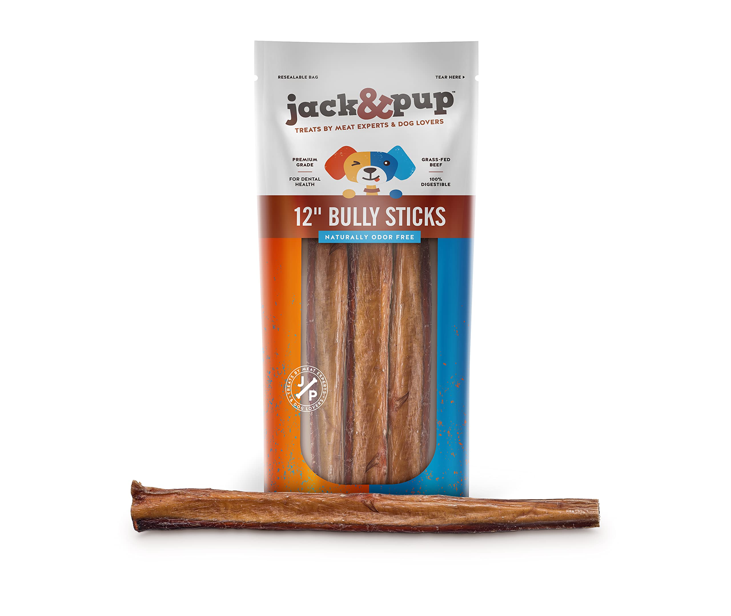 Jack&Pup 12-inch Premium Grade Odor Free Bully Sticks Dog Treats [Thick-Size] 12 Long All Natural Gourmet Dog Treat Chews - Fres