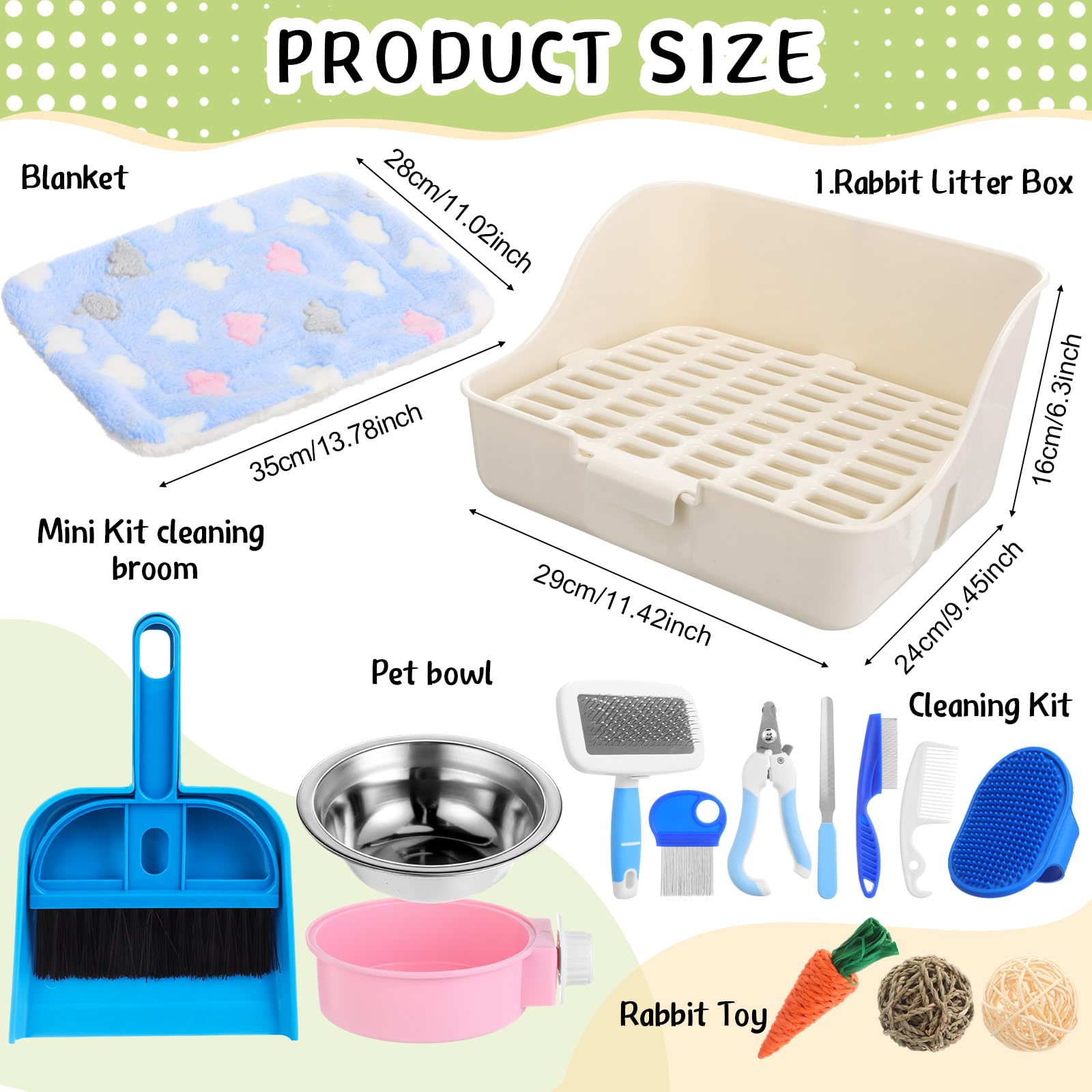 Reallnaive 15 Pcs Rabbit Starter Kit Small Litter Box Animal Grooming Kit Bunny Toys Bowl Blankets With Cleaning Set For Guinea