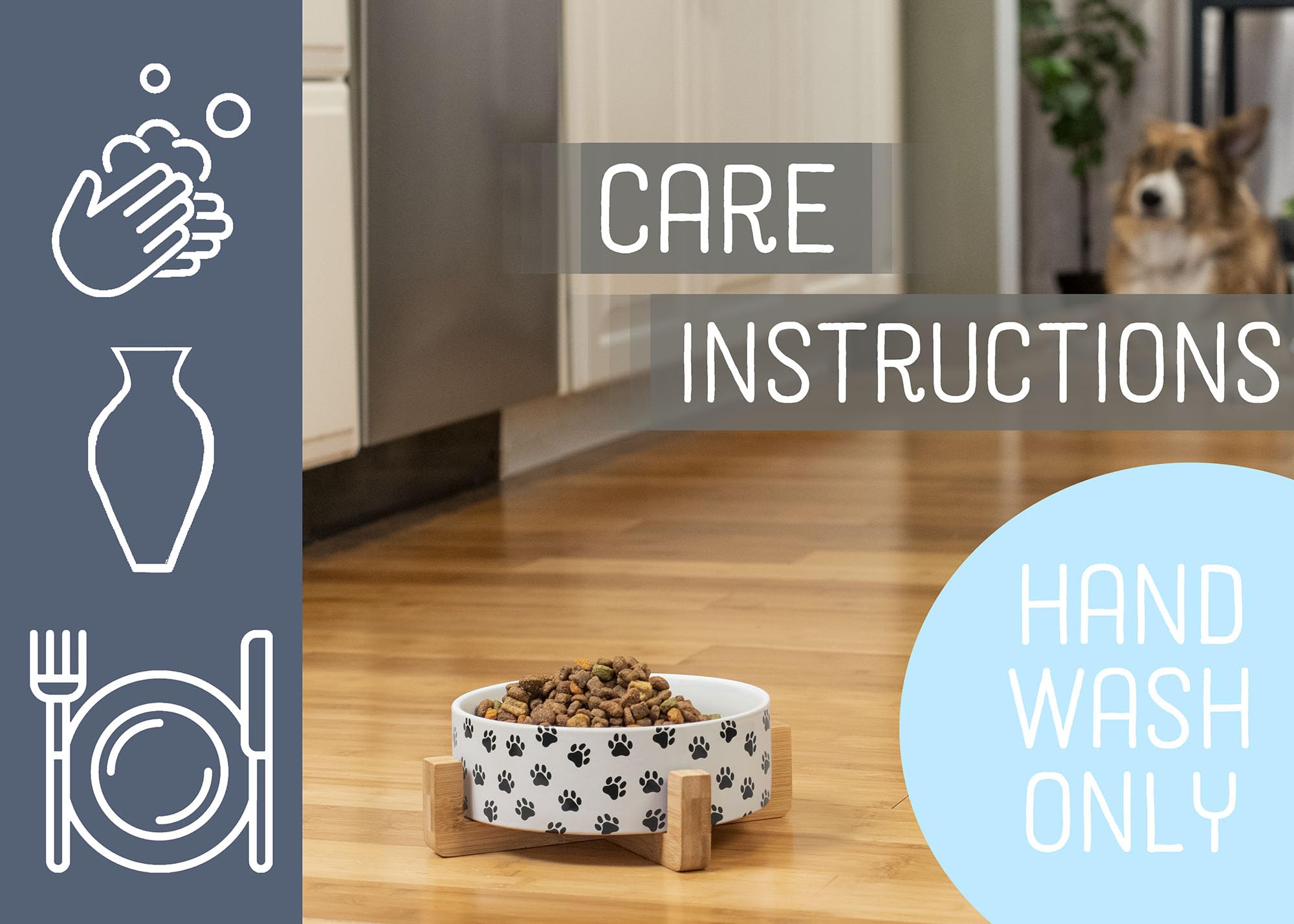 Nat & Jules Large Pawprint Black And White 8 Inch Stoneware Ceramic And Wood Pet Bowl With Stand