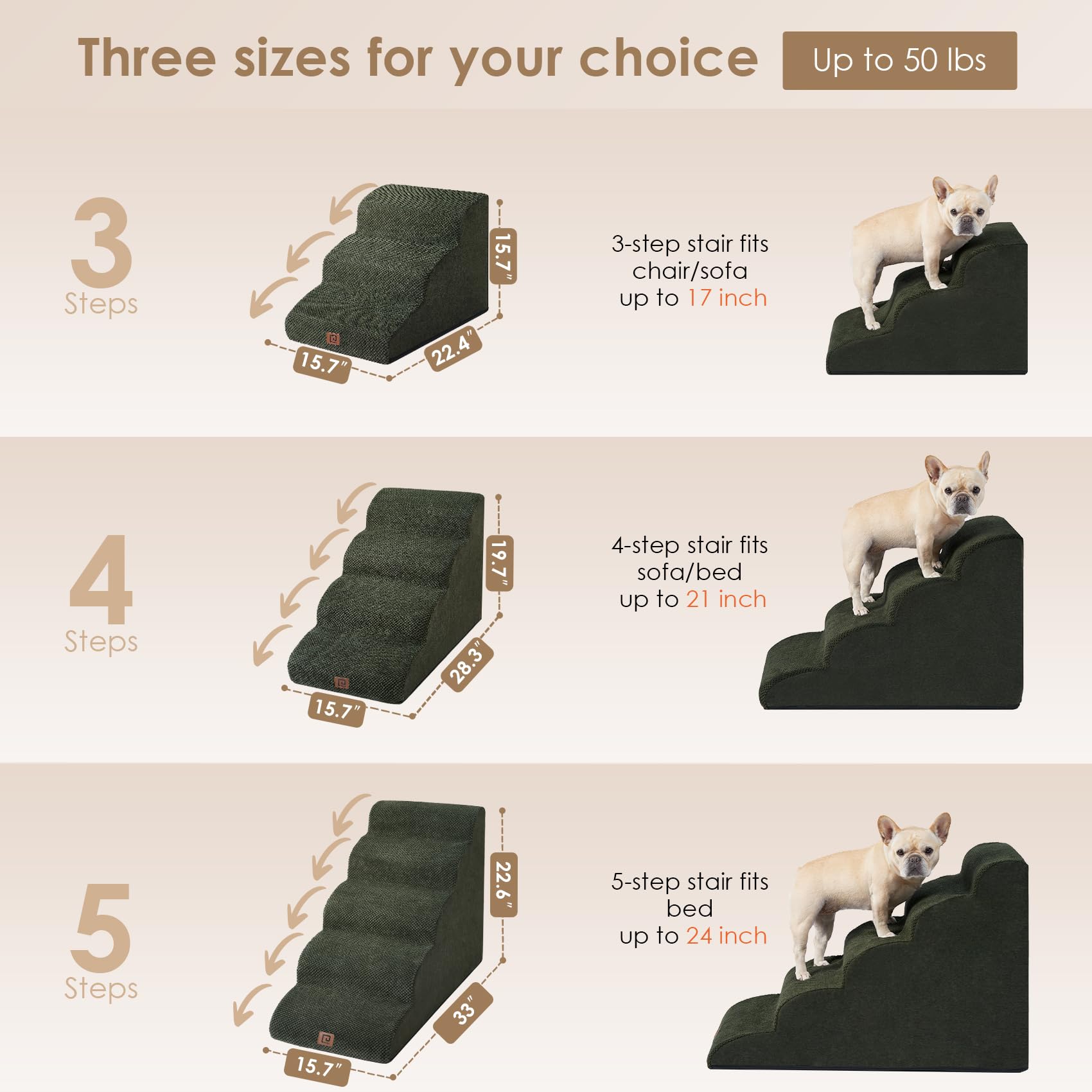 Eheyciga Curved Dog Stairs Ramp For High Beds 19.7' H, 4-Step Dog Steps For Small Dogs And Cats, Pet Stairs For High Bed Climbing, Non-Slip Balanced Pet Step Indoor, Olive Green