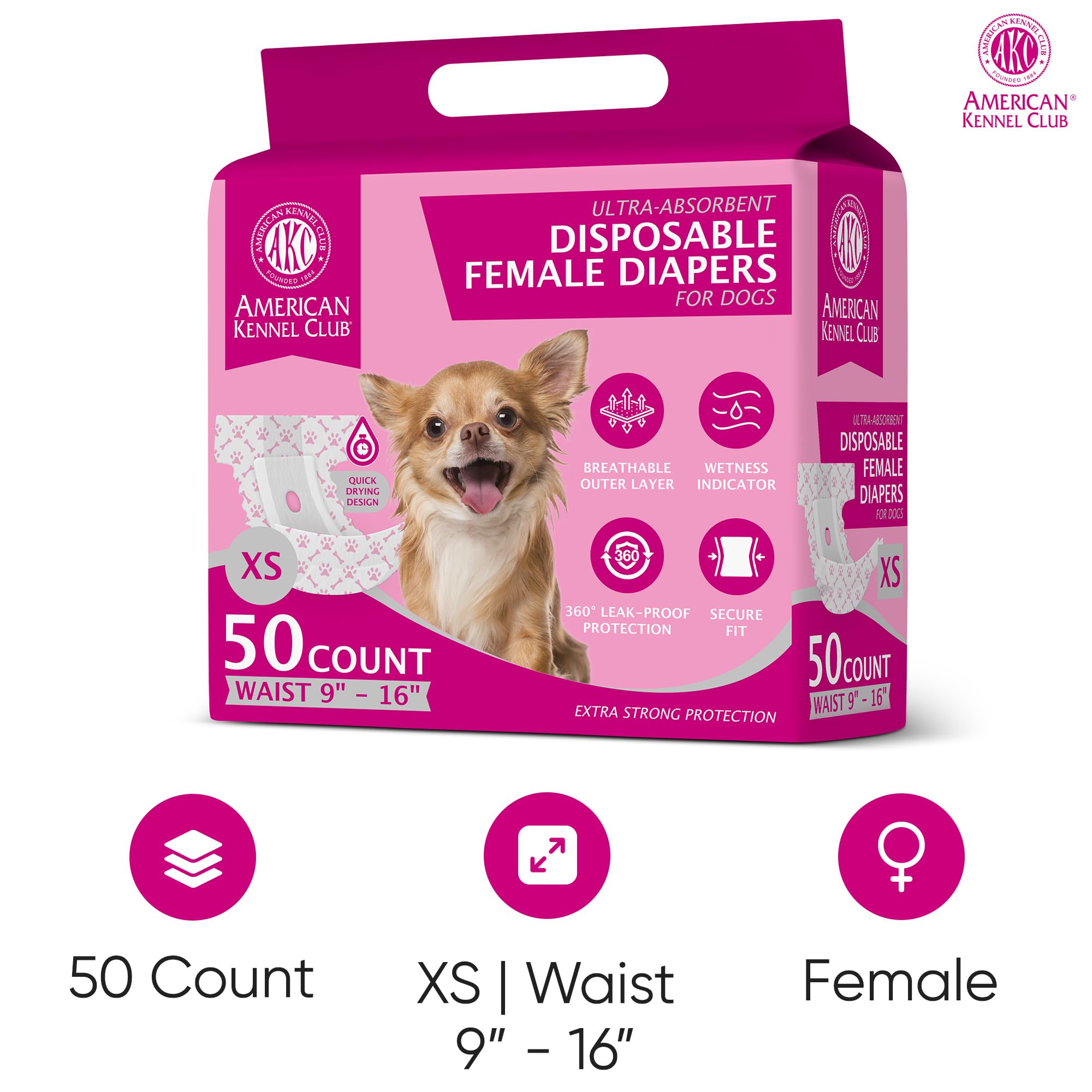 American Kennel Club Female Dog Wrap, Disposable Diapers With Wetness Indicator, X-Small, 50 Count