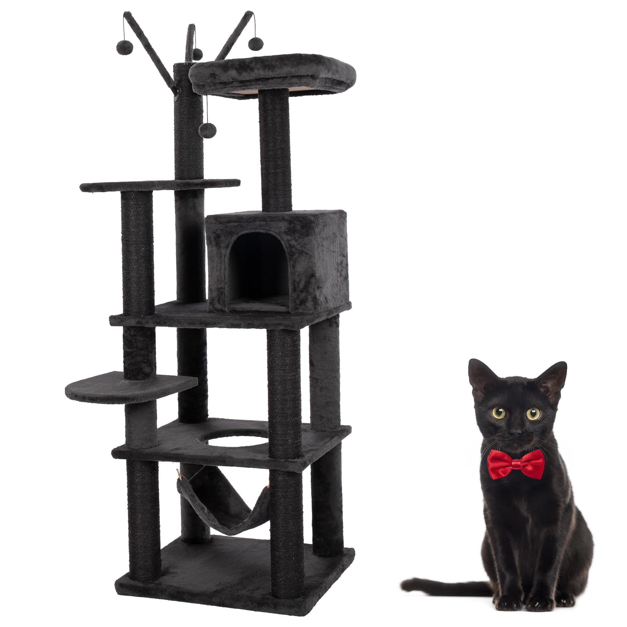 Kamaboko Gothic Cat Tree, 73.6In Black Cat Tower With Coffin Bed, Big Tall Cat Condo With Sisal Scratching Posts, Scratching Ram