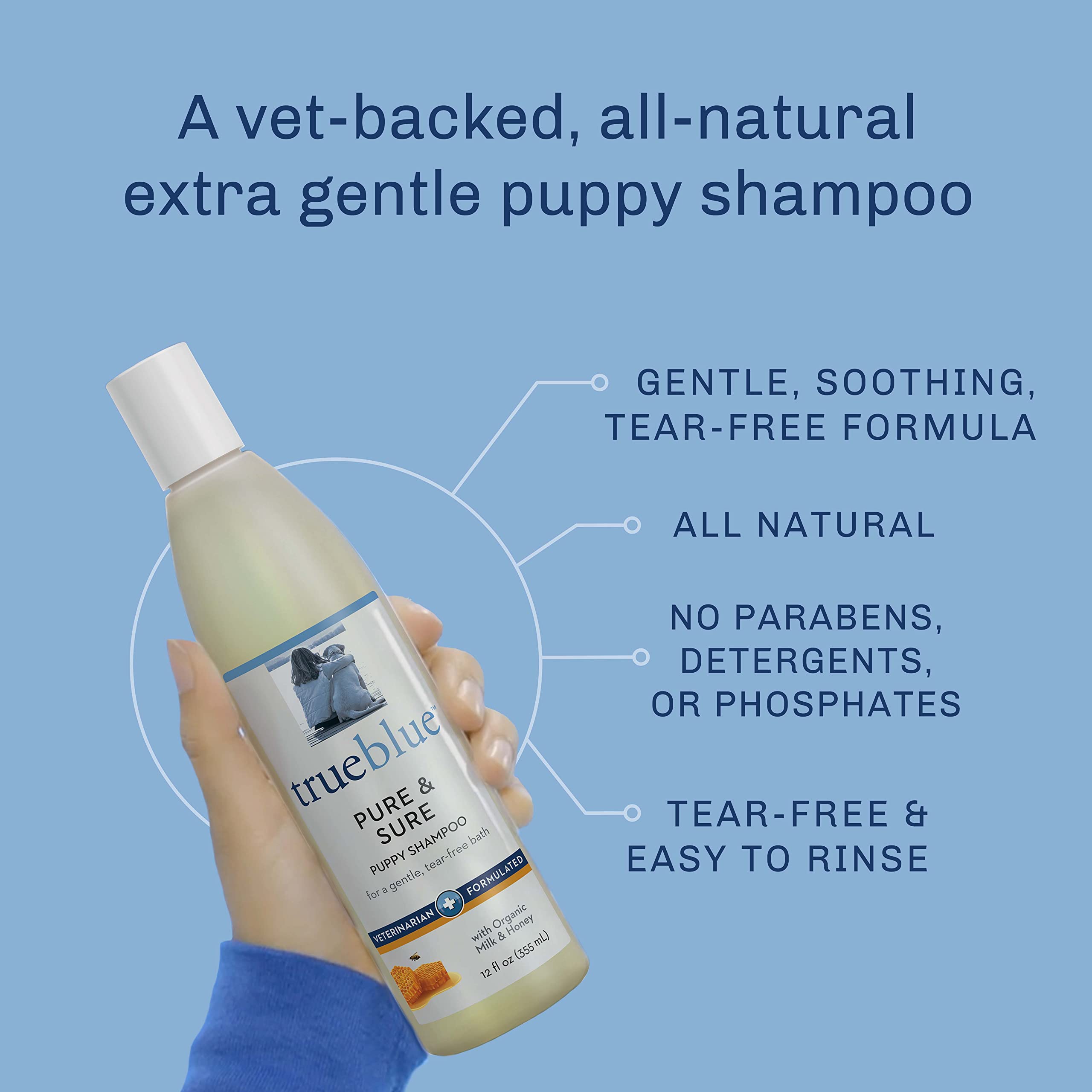 Trueblue Pure & Sure Puppy Shampoo – Cleansing Wash, Deodorizing, Moisturizing – Toxin Free, Milk, Honey Natural Botanical Blend – Tearless Dog Shampoos – 12 Fl. Oz.