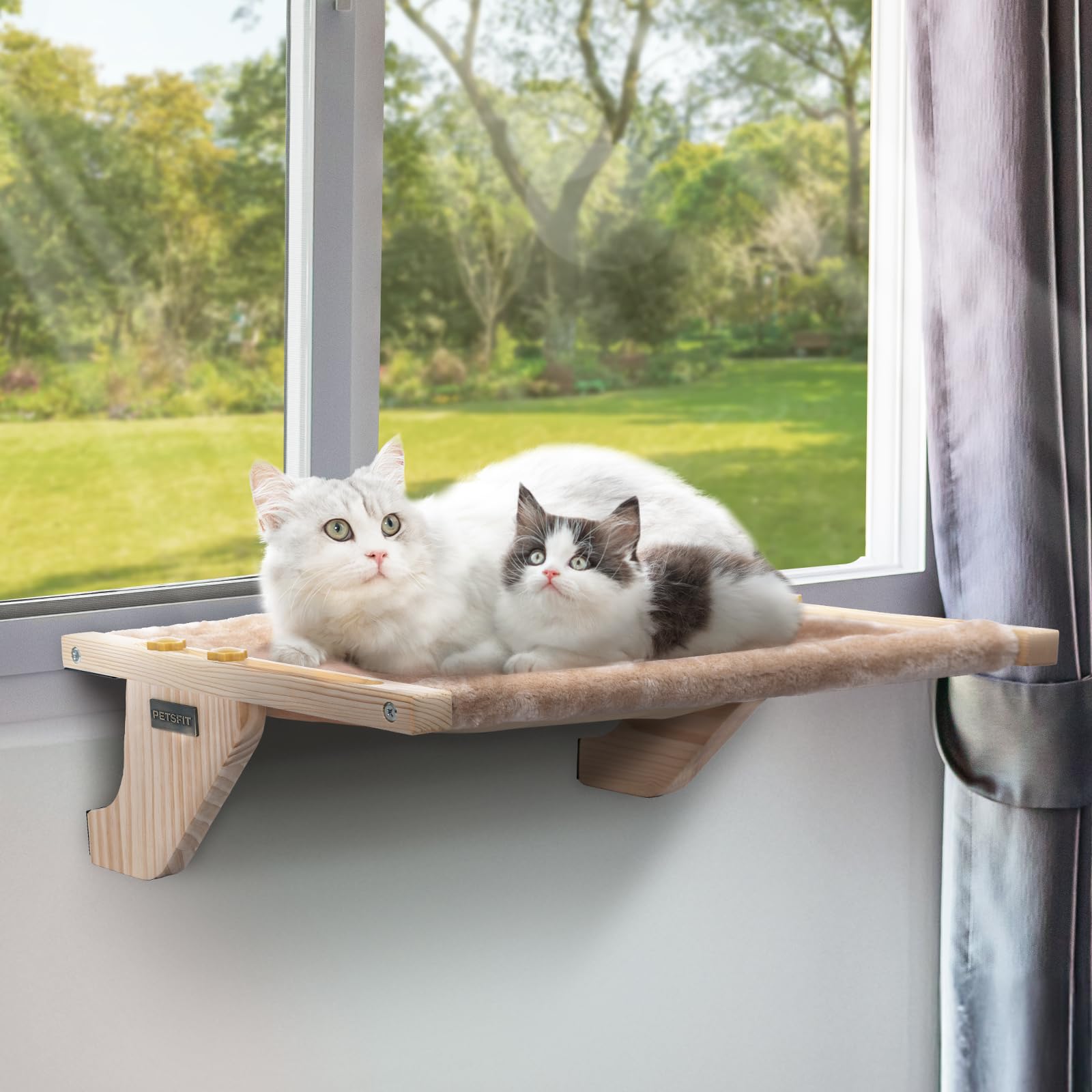 Petsfit Cat Window Perch, Hammock Window Seat With Solid Wood Support, Metal Frame & 2 Removable Pads, Easy To Adjust & Assemble