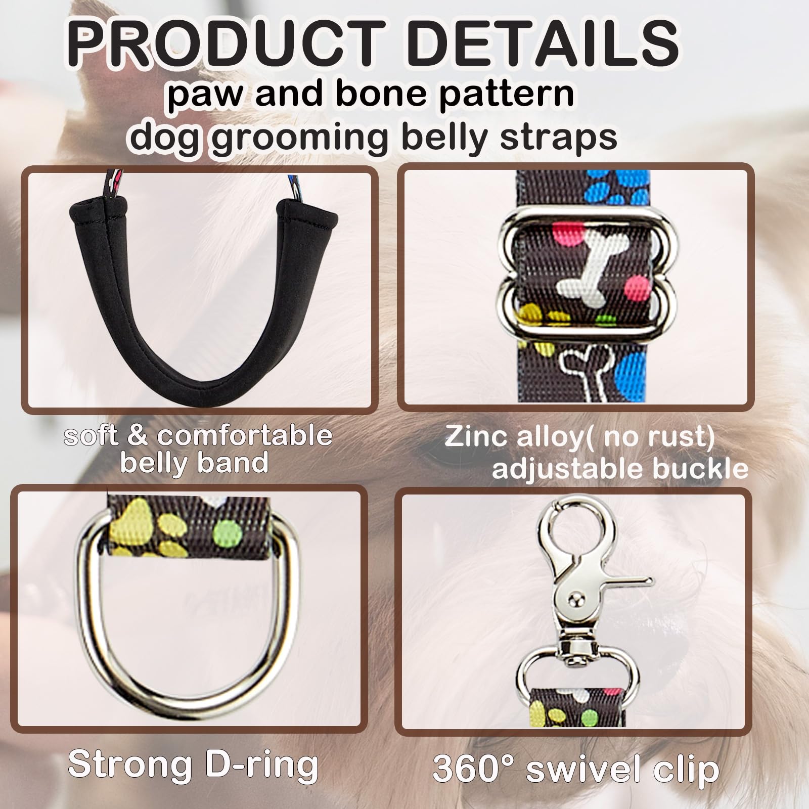 Fursdoly Dog Grooming Belly Straps - Dog Grooming Loops Belly Band Dogs Grooming Table Arm Accessories Cute Paw And Bone Pattene