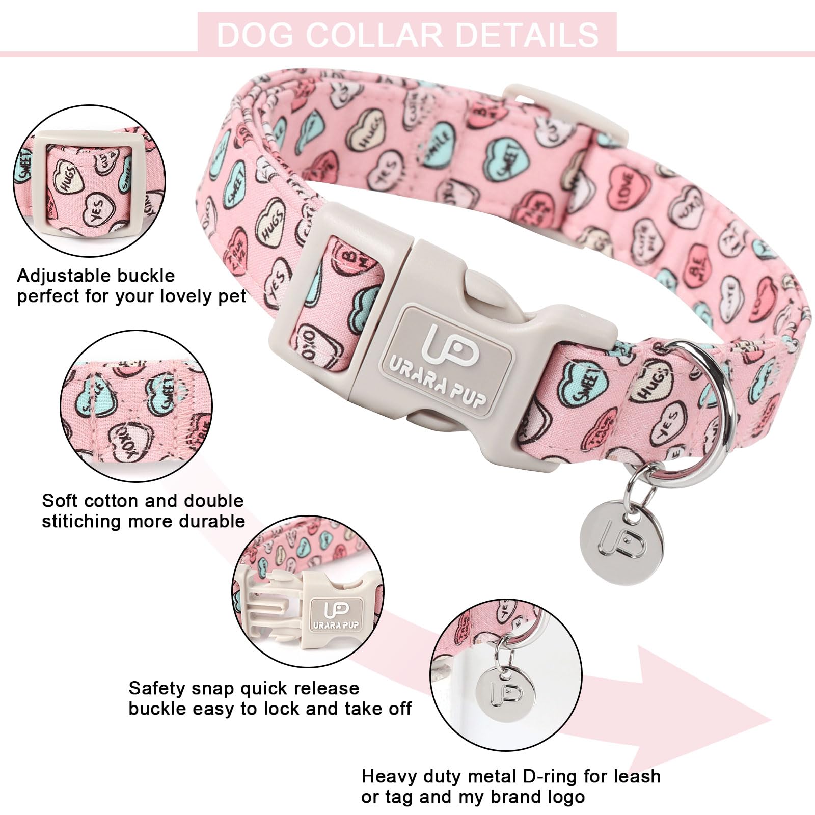 Up Urara Pup Pink Heart Dog Collar, Valentine'S Gift For Puppy, Small To Extra Large Dogs, Cotton, Unique Craftsmanship Design,