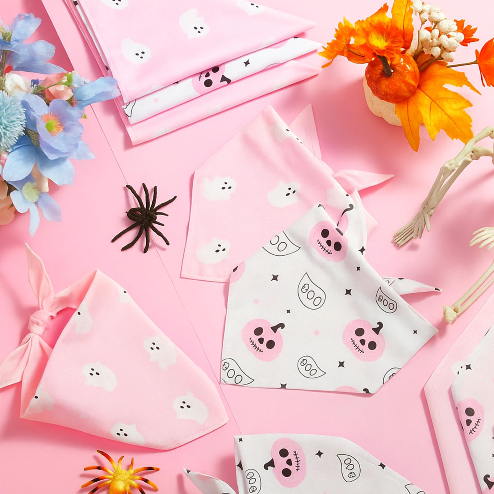 Weewooday 12 Pieces Pink Halloween Dog Bandanas Pumpkin and Ghost Bandanas for Dogs Triangle Kerchief Scarf Bibs for Small Mediu
