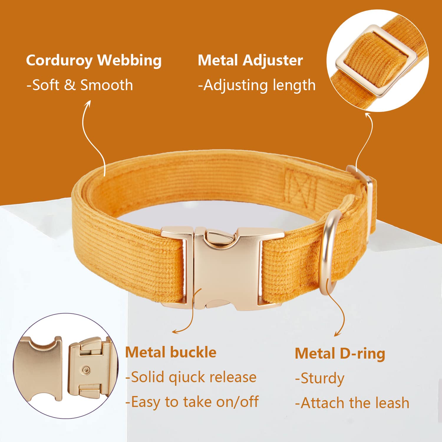 Petiry Soft Corduroy Fibric Dog Collar with High Grade Metal Buckle, for Small Dogs.(Orange,Small:10-15'')