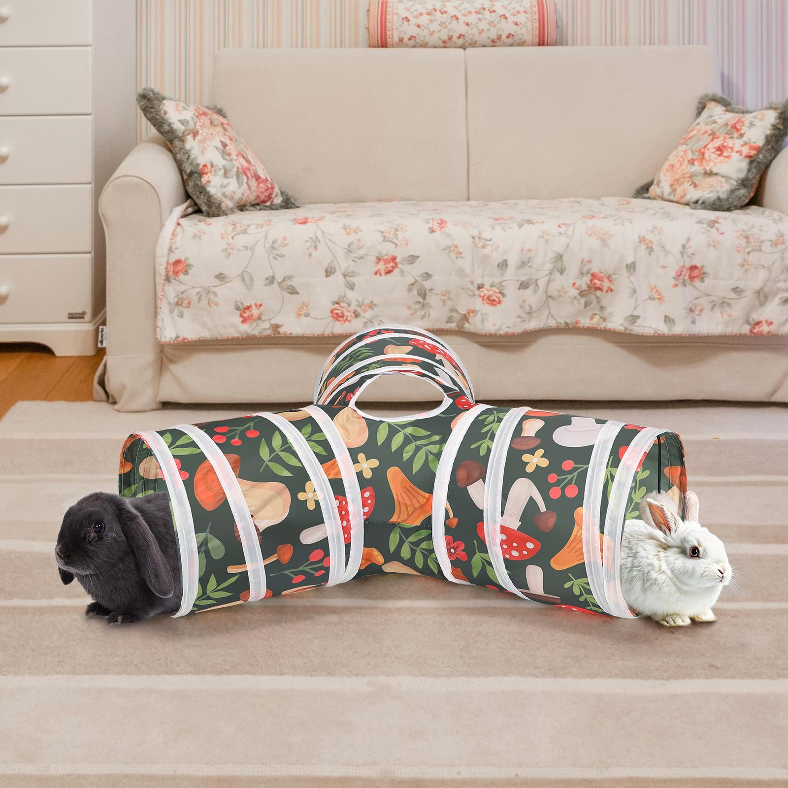 Mechpia Rabbit Toys, Bunny Tunnels and Tubes with Chew Toys for Grinding Teeth Bamboo Carrot Loofah and Grass Ball for Rabbit Gu