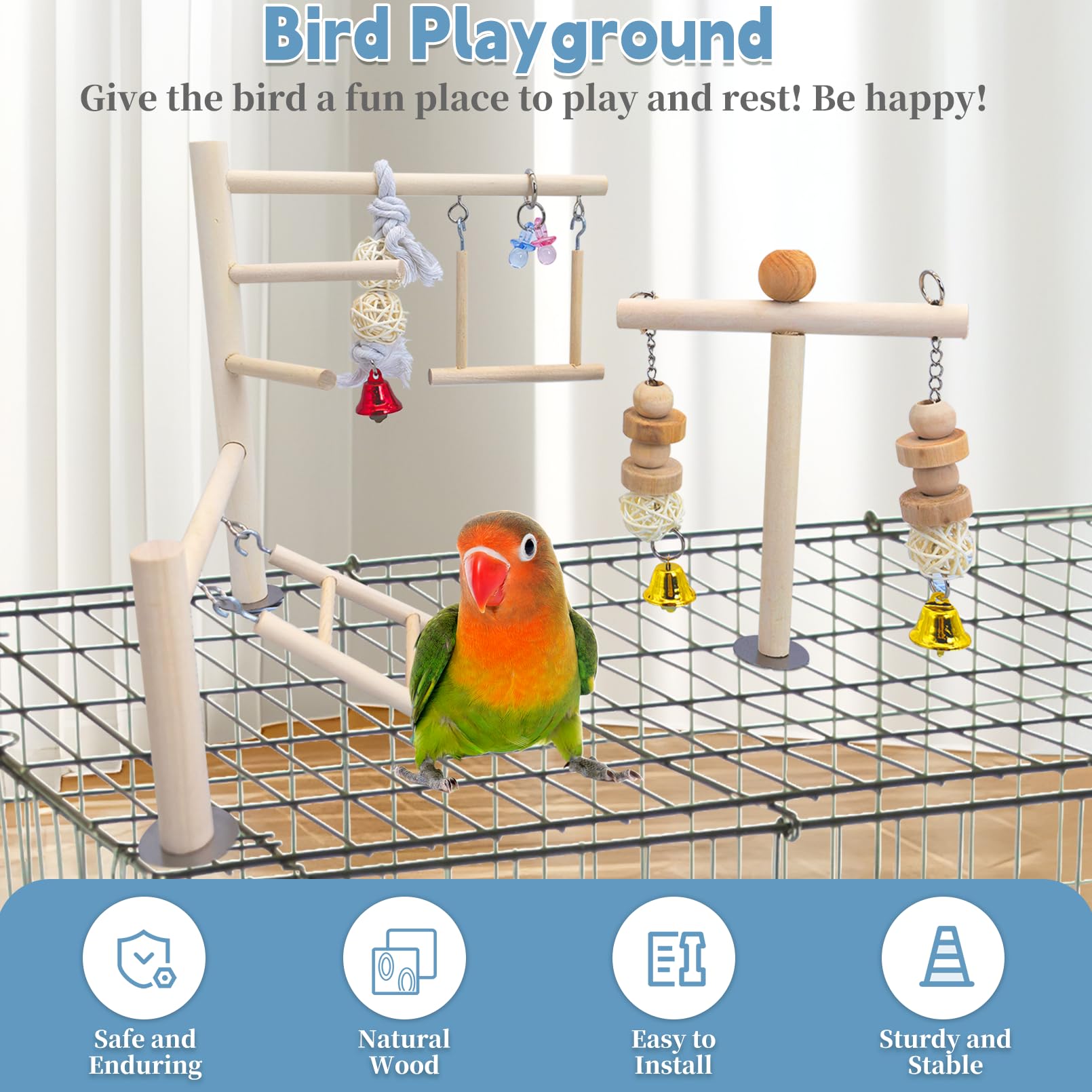 Pinvnby Bird Playground Parrot Play Gym Parakeet Cage Play Stand Wooden Perches Playpen Ladders Conure Chewing Climbing Swing To