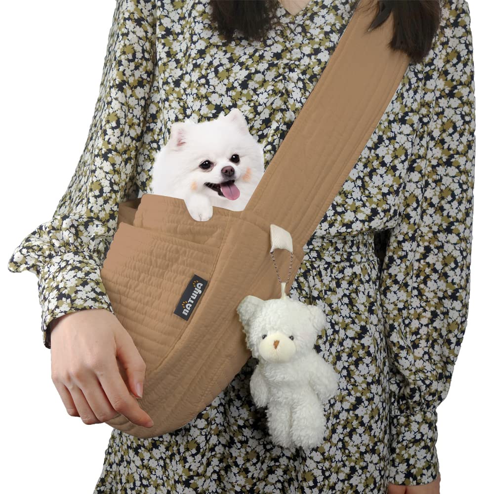 Natuya Small Dog Carrier Sling Dog Sling Carrier For Small Dogs Puppies Cats, Big Pouch Safety Leash Pet Sling Carrier For Walking Outdoor Travel (Brown, Canvas)