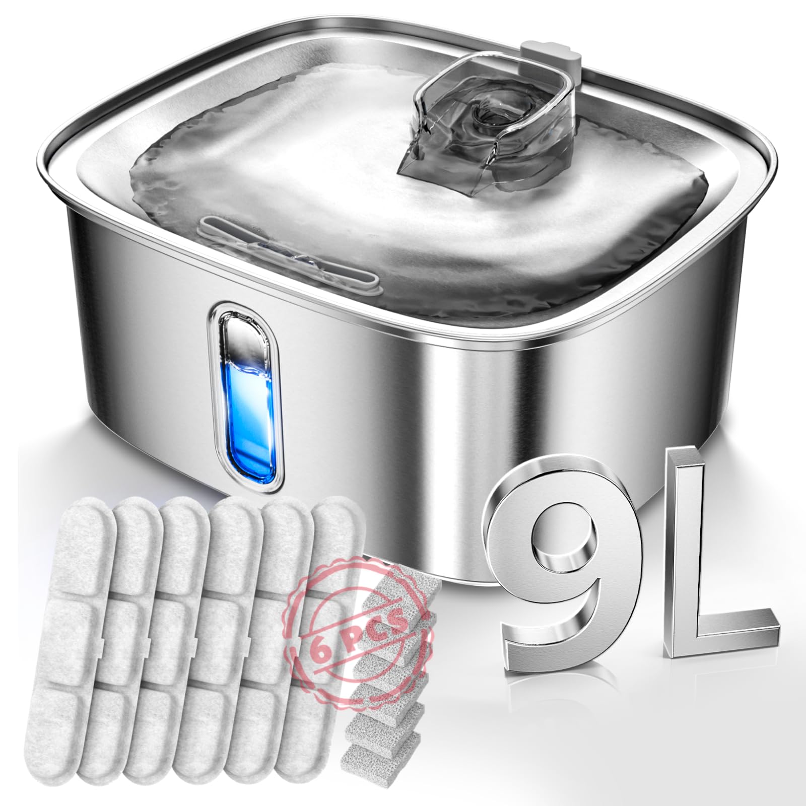 Dog Water Fountain for Large Dogs, 9L/2.4Gal Stainless Steel Dog Fountain with Water Level Window & Filtration, Automatic Pet Wa
