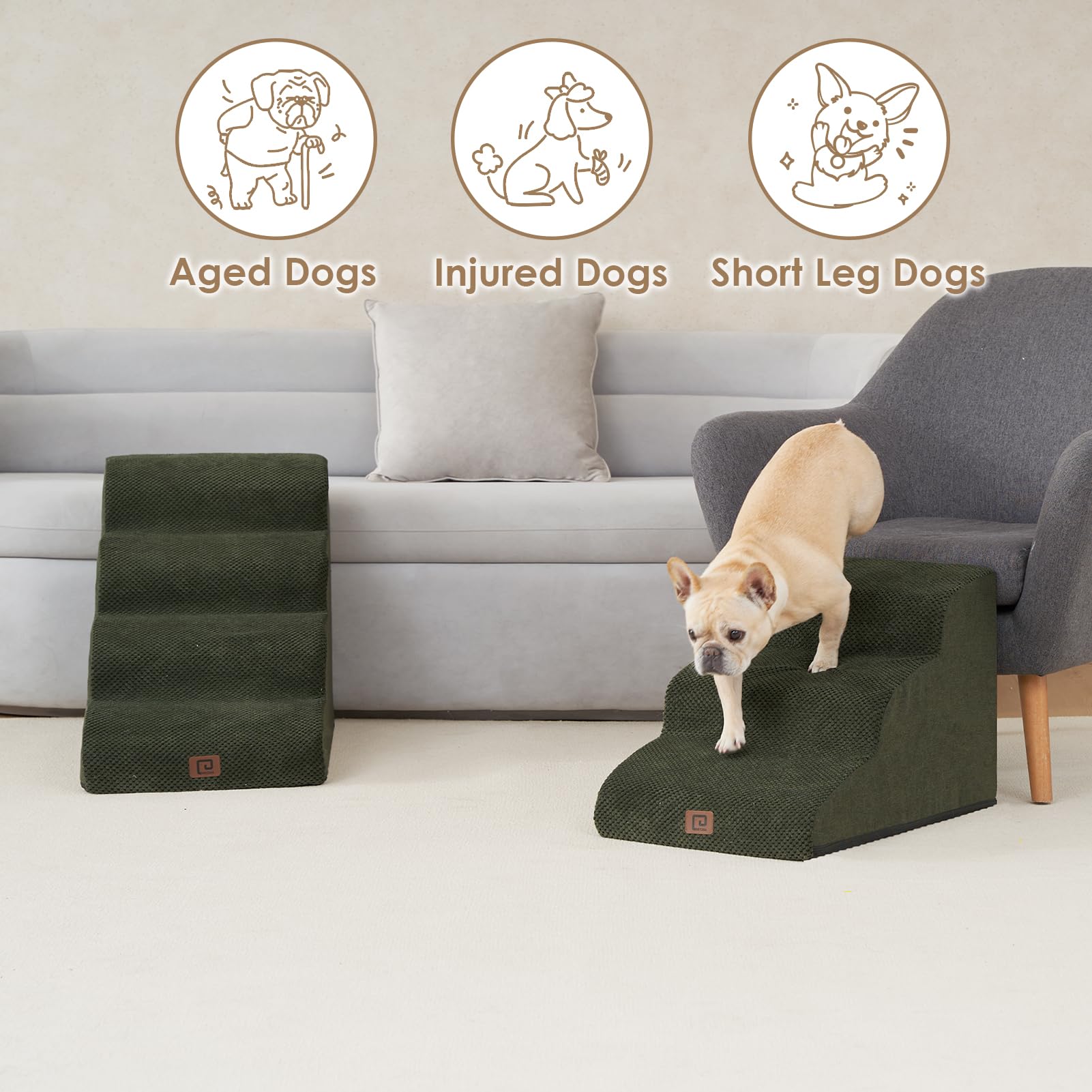Eheyciga Curved Dog Stairs Ramp For Small Dogs 15.7' H, 3-Step Dog Steps For Couch Sofa And Chair, Pet Stairs For Cats, Non-Slip Balanced Pet Steps Indoor, Olive Green