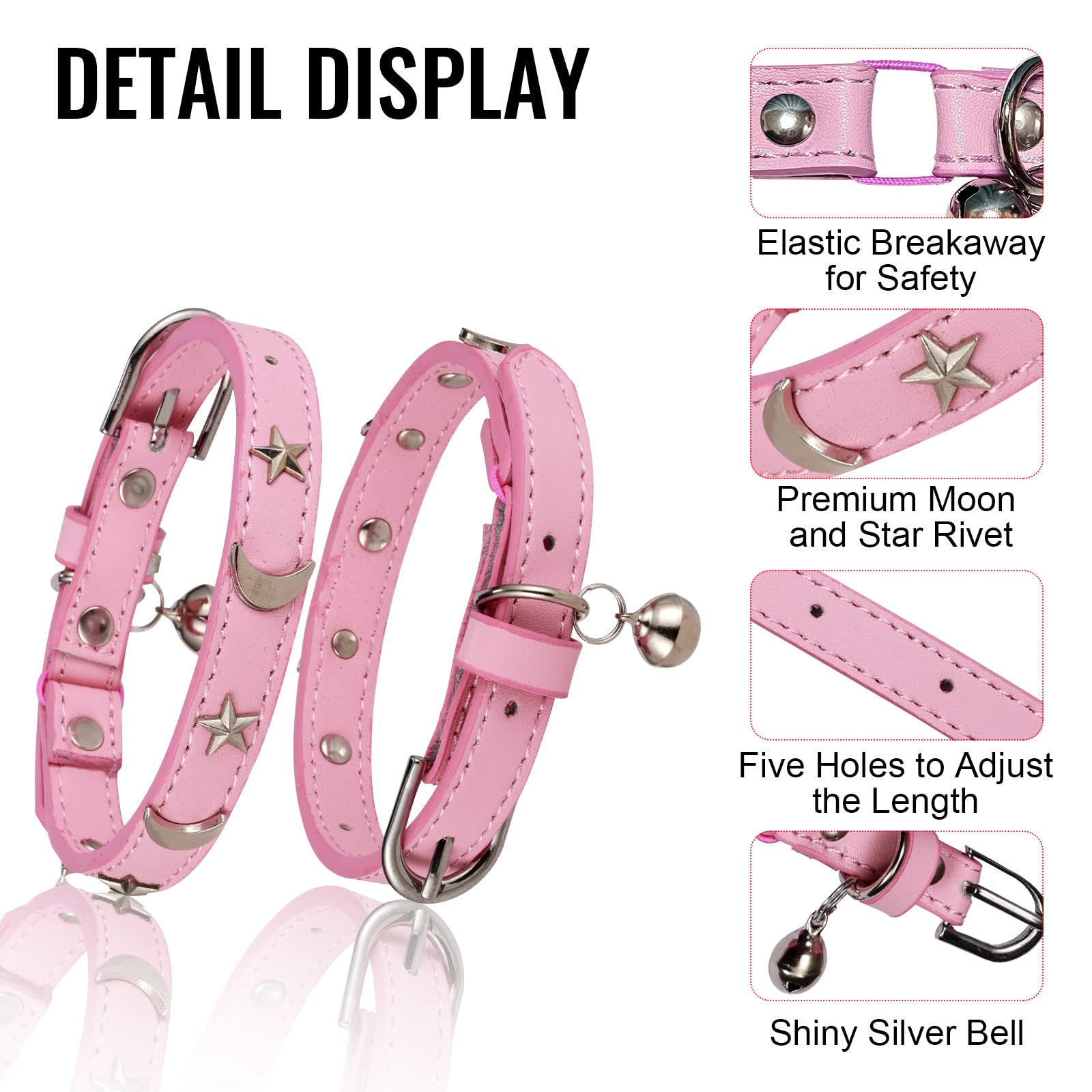 Chukchi Leather Cat Collars For Boy Girl Cats With Bell And Safety Elastic Belt, Personalized Star And Moon Stud Adjustable Safe