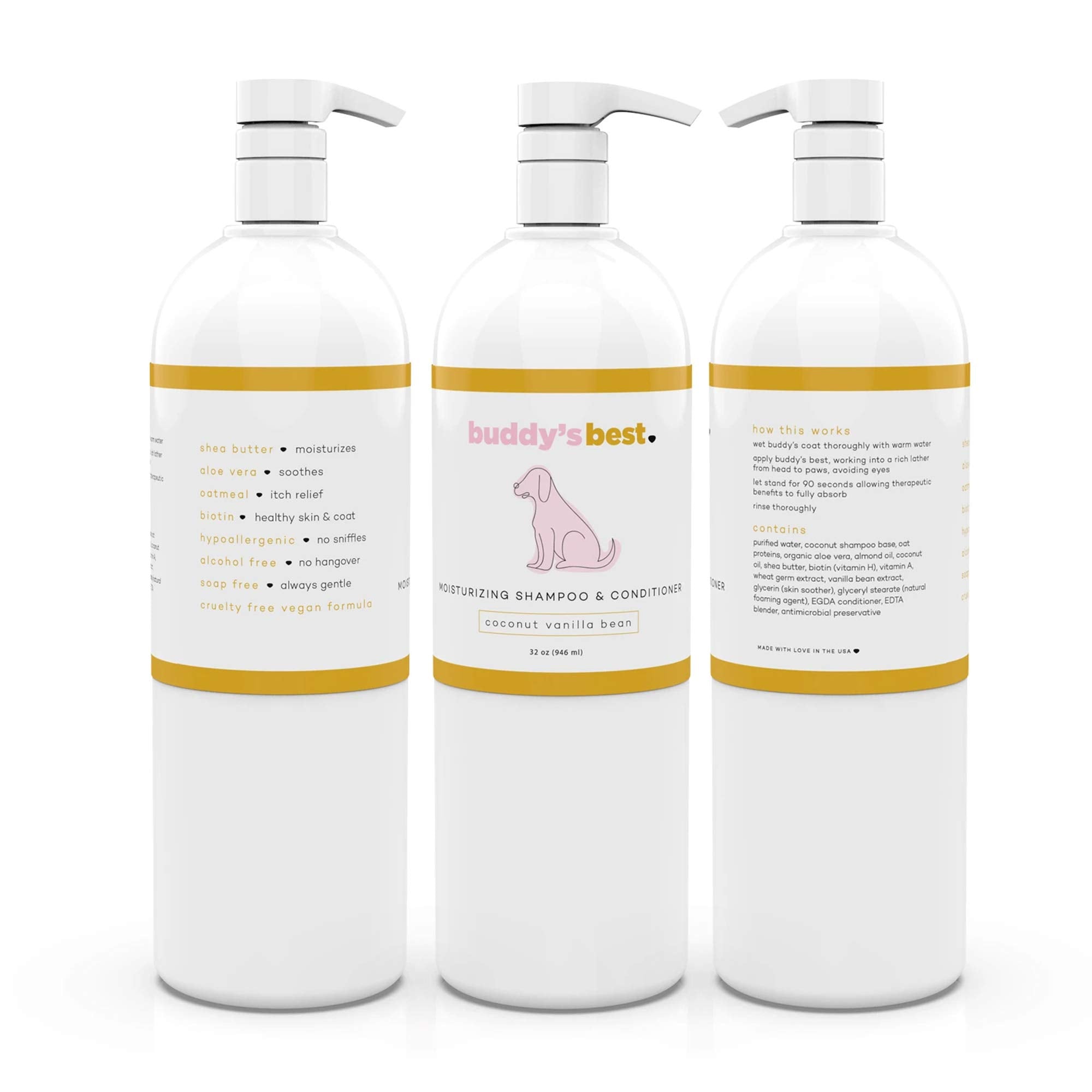 Buddy'S Best Dog Shampoo For Smelly Dogs - Dog Shampoo And Conditioner For Dry And Sensitive Skin - Moisturizing Puppy Wash Shampoo, Coconut Vanilla Bean Scent, 16Oz