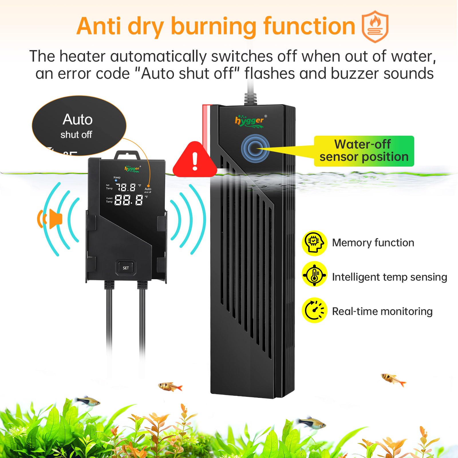 hygger Aquarium Heater with Intelligent Temperature Controller, 800W for 80-220 Gallon Submersible Fish Tank Heater with Leaving