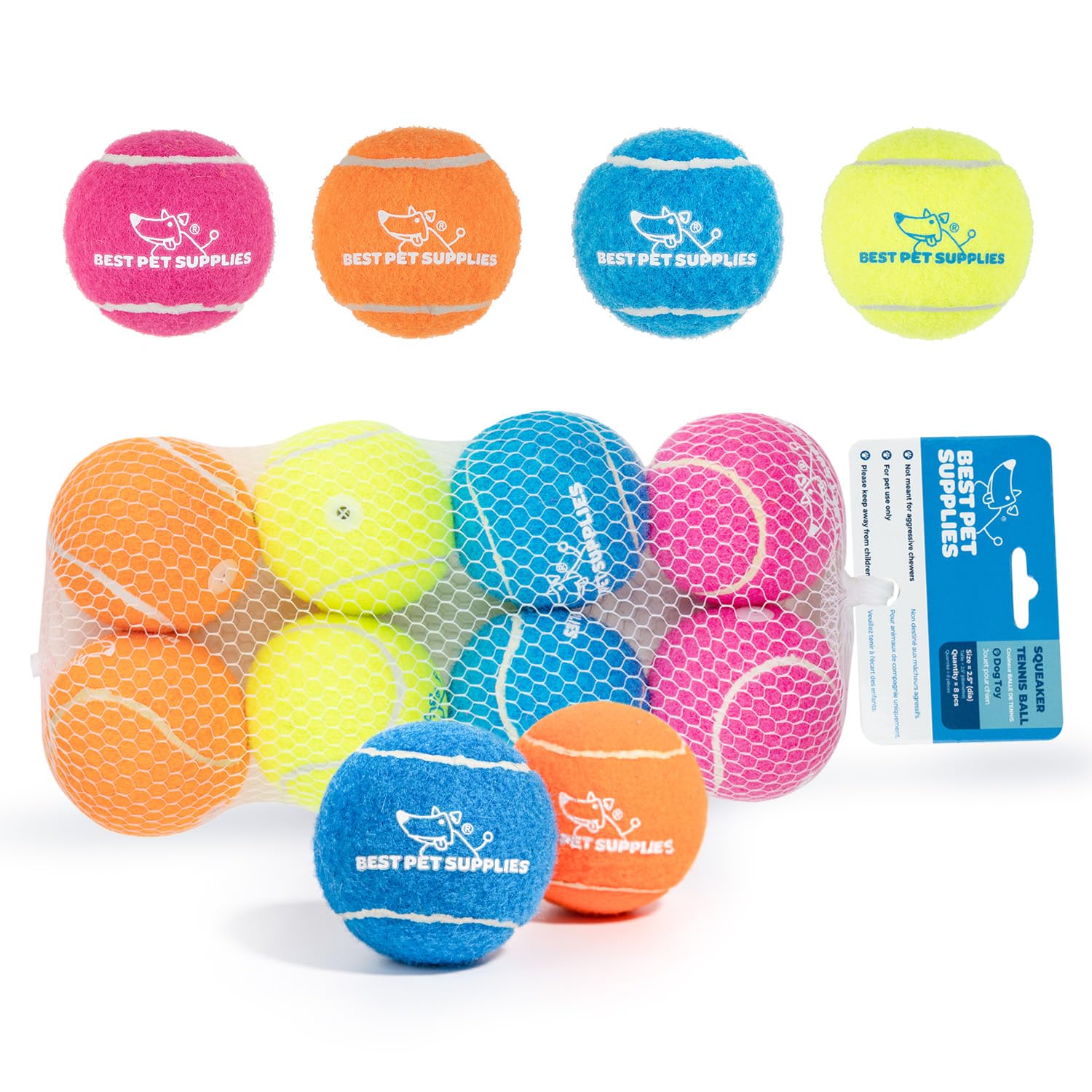 Best Pet Supplies Squeaky Tennis Toys for Dogs, 8-Pack, Heavy-Duty Interactive Pet Toys for Throwing and Fetching, Supports Exer
