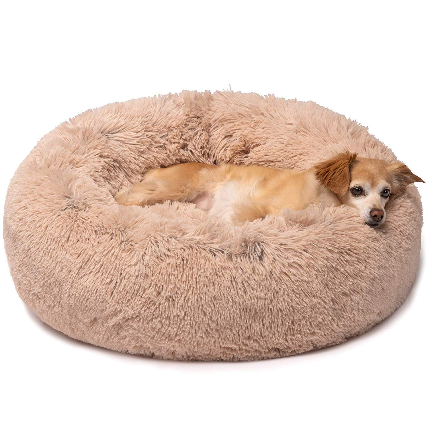 Friends Forever Donut Dog Bed Faux Fur Fluffy Calming Sofa For Small Dogs, Soft & Plush Anti Anxiety Pet Couch For Dogs, Machine