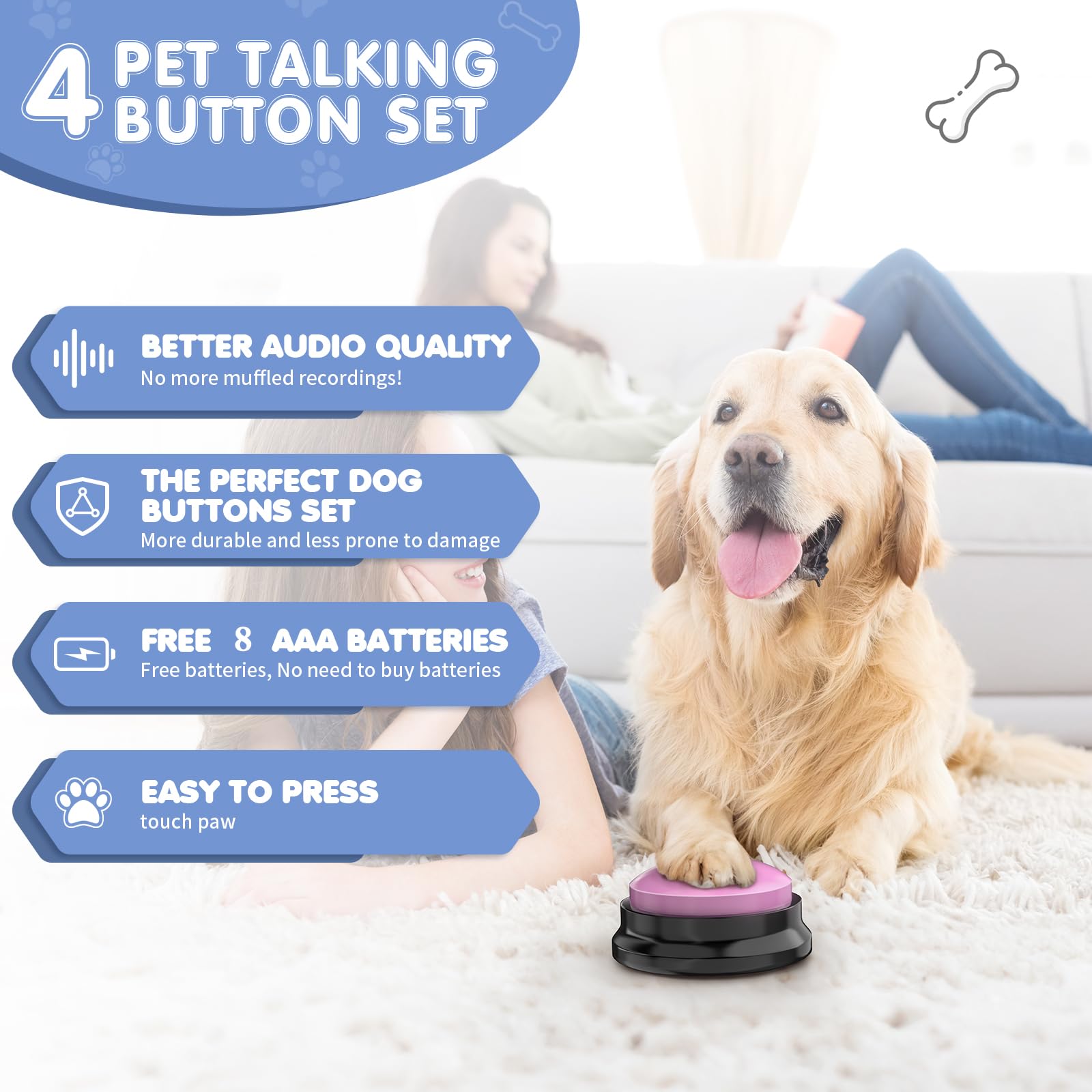 Dciaer Dog Communication Buttons, 4 Pieces, 30S Recordable Voice, Pet Training Buttons, With Manual, Batteries, 24 Scene Modes,