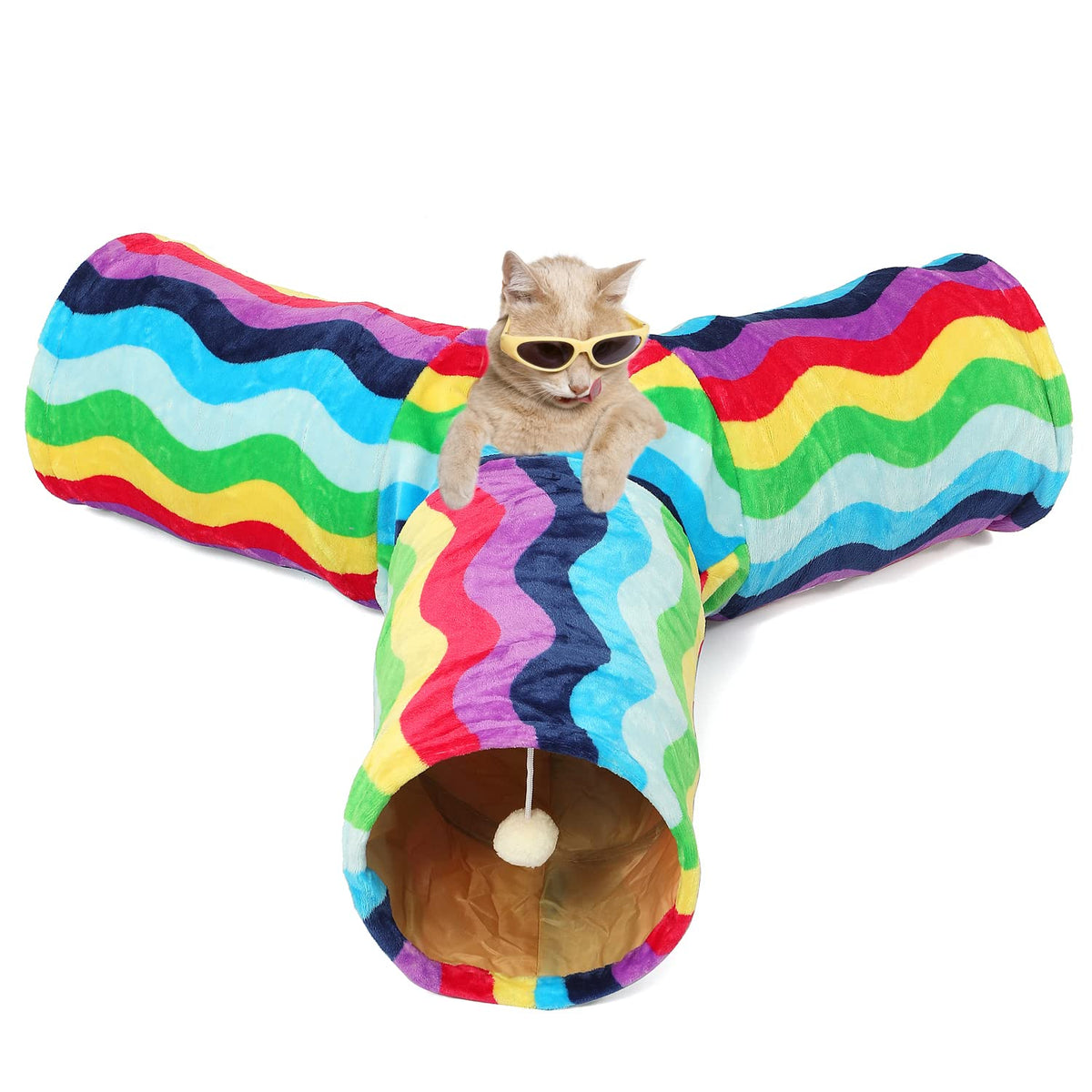 Luckitty Cat Tunnel - 3 Way-Shaped, Rainbow Wave Color, Soft Velvet Exterior, Oxford Fabric Fog-Proof Interior, Plush Toy Ball, 