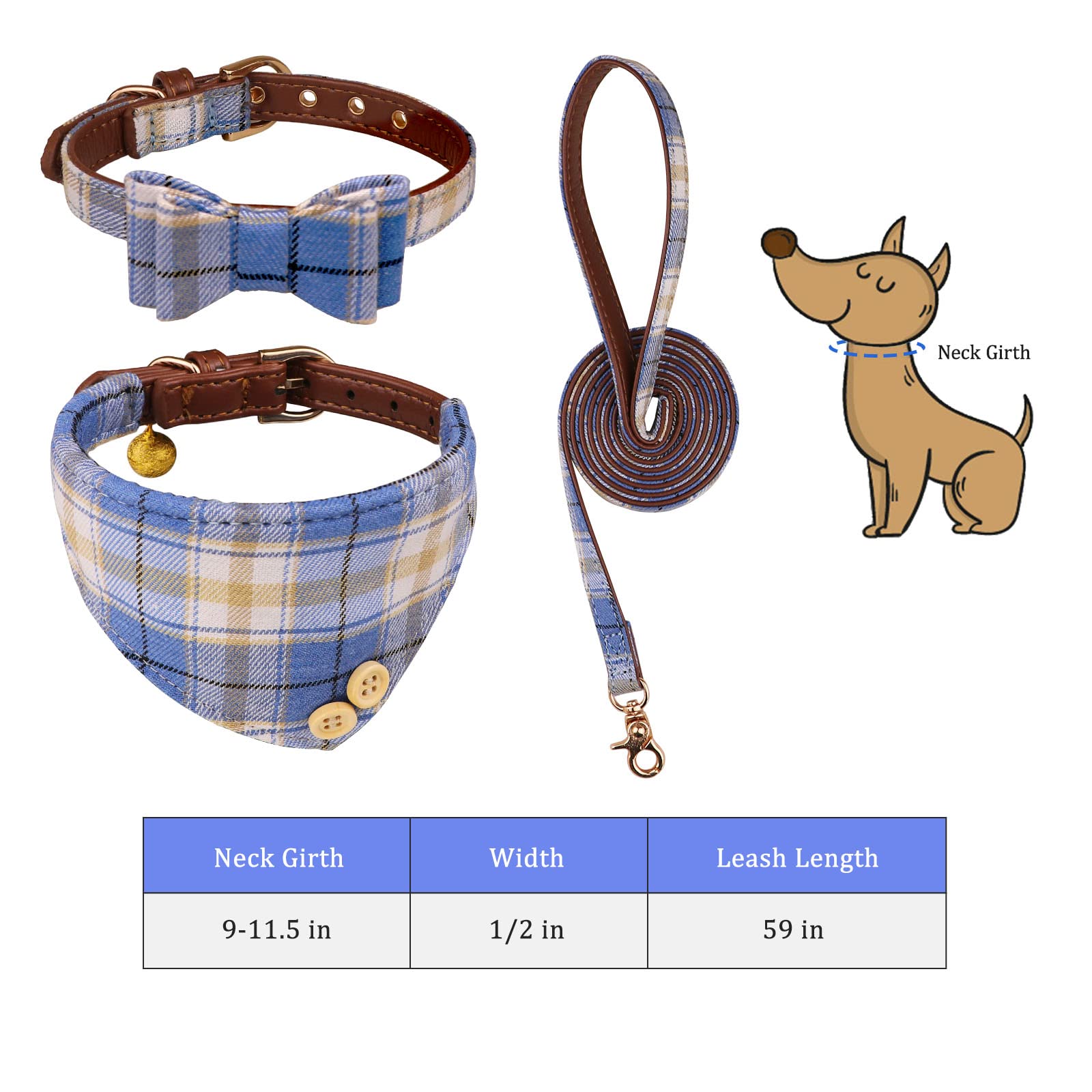 3 Pcs Puppy Collar And Leash Set Dog Collars For Small Dogs Dog Bow Tie With Bell Puppy Bandana Leather Dog Collar For Small Dogs Puppies And Cats(Blue)