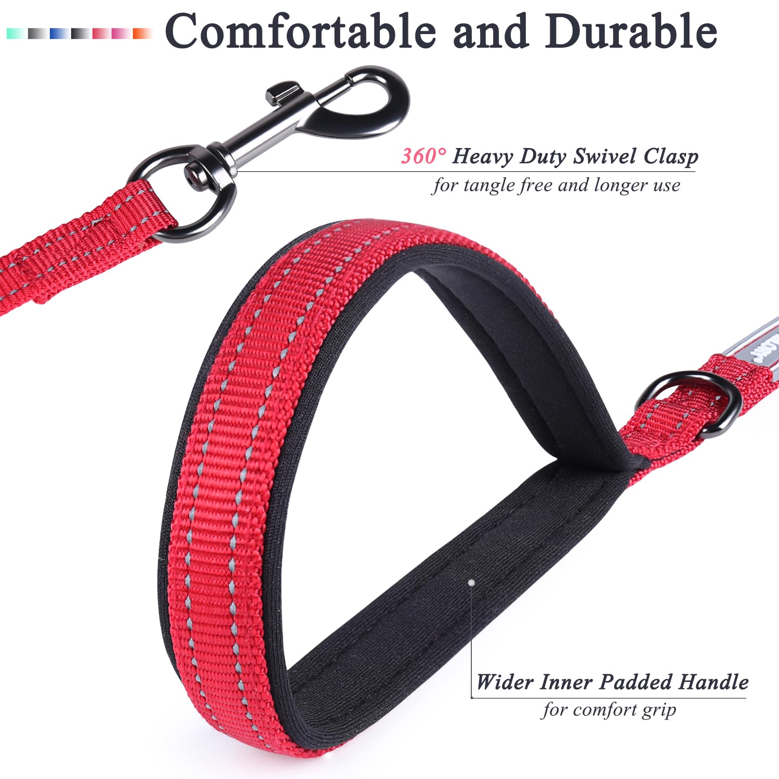 Vivaglory Traffic Handle Dog Leash, Two Padded Soft Handles Dog Leash, Strong Reflective & Metal Hook Training Dog Lead, Red