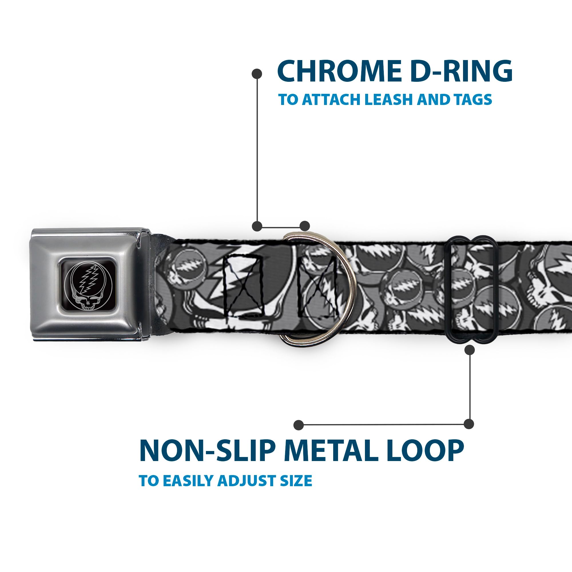 Buckle-Down Seatbelt Buckle Dog Collar - Steal Your Face Stacked Gray - 1' Wide - Fits 9-15' Neck - Small