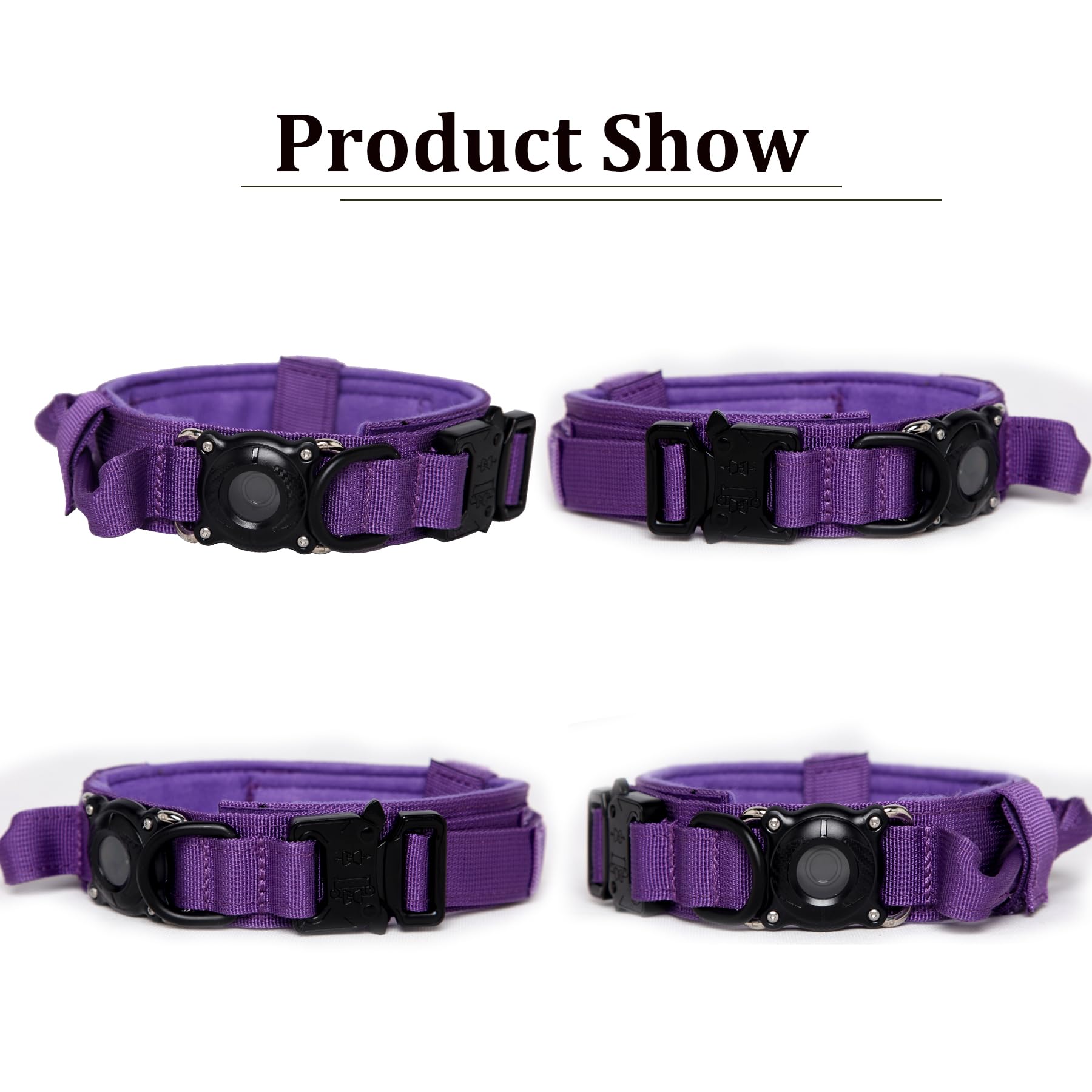 Xqpetlihai Tactical Dog Collar With Airtag Holder, Control Handle, Adjustable, Heavy Duty, Waterproof, Deeppurple, Medium (Pack