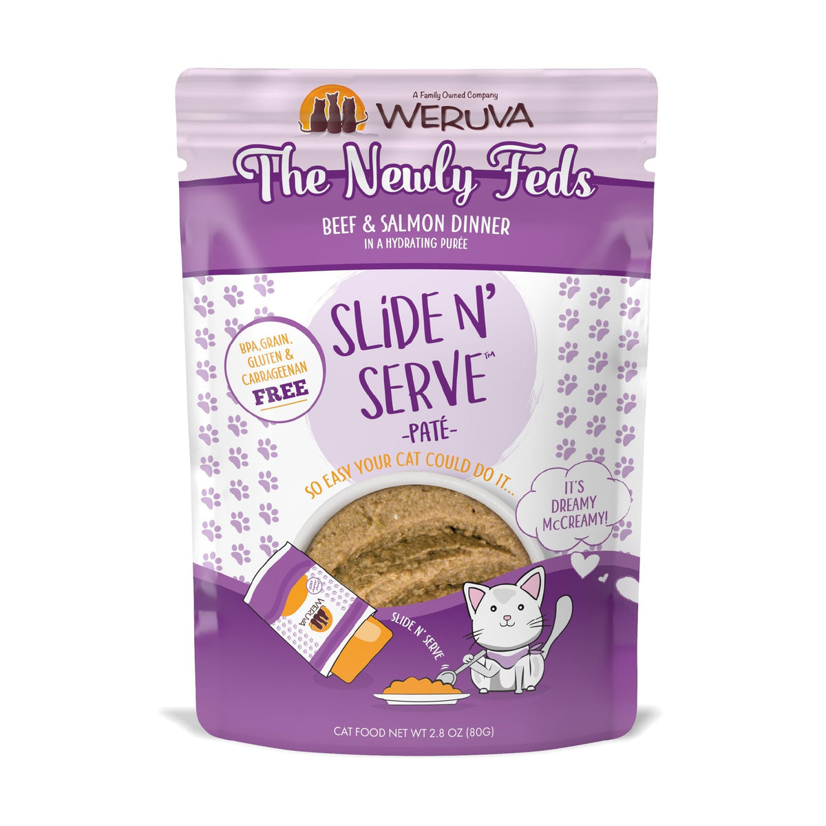 Weruva Wet Cat Food, The Newly Feds With Beef And Salmon Pate, 2.8Oz Slide N Serve Pouch, Pack Of 12