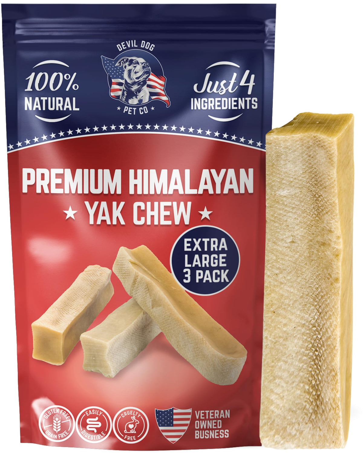 Devil Dog Pet Co Yak Cheese Dog Chews - Premium All Natural Dog Treats For Aggressive Chewers - Long Lasting, Limited Ingredient And Odorless - Usa Veteran Owned Business (Extra Large - 3 Pack)