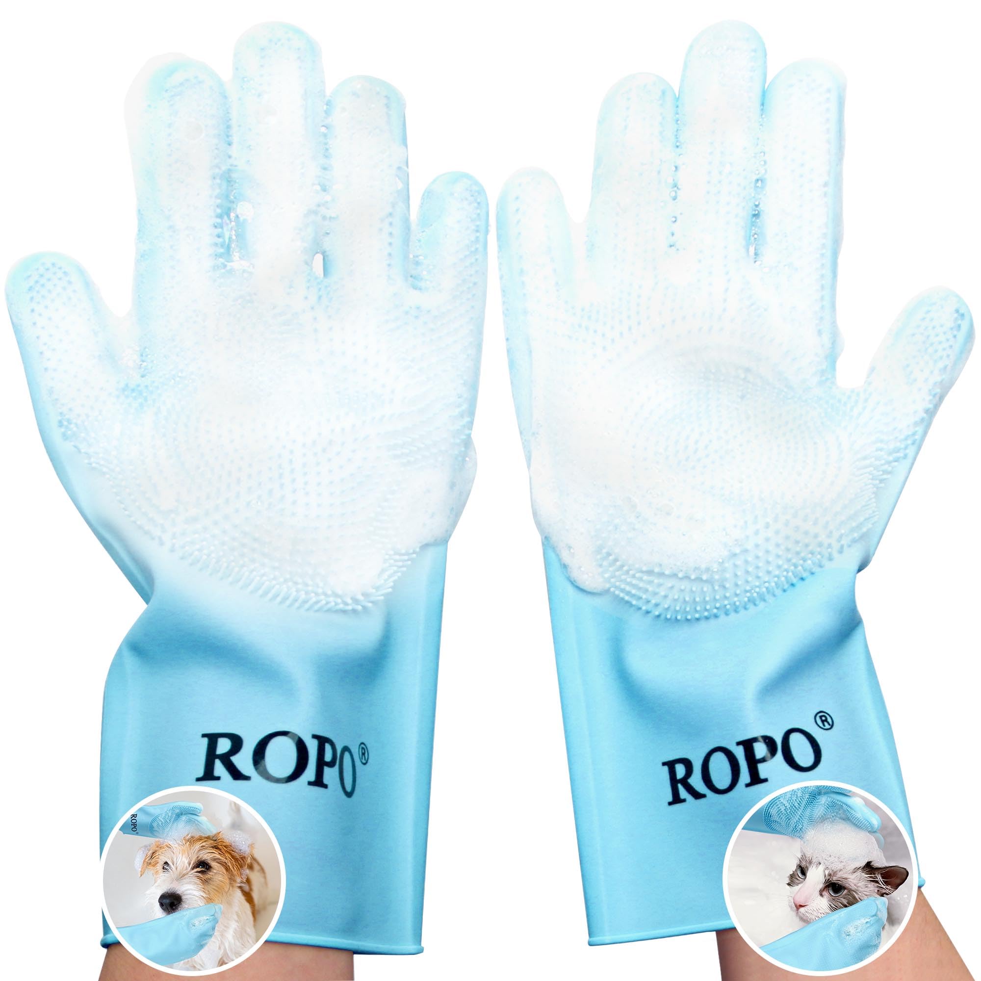 Ropo Silicone Gloves For Pet Grooming, Multi-Functional Gloves For Pet Hair Shedding, Bathing, And Massage (Blue)