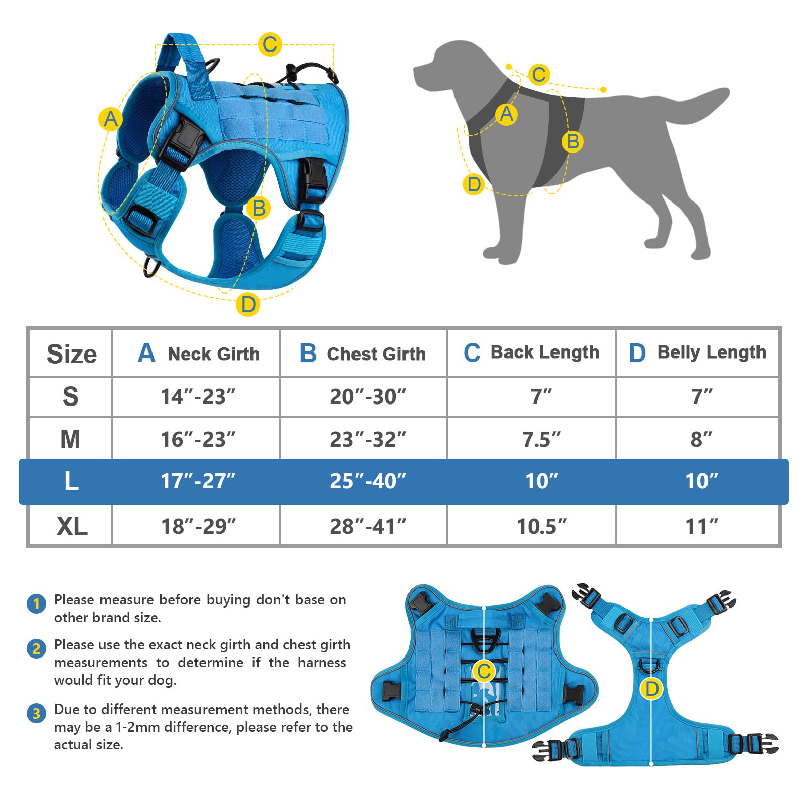 Wingoin Blue Tactical Dog Harness For Large Dogs No Pull Adjustable Pet Harness With Handle Reflective K9 Military Service Dog Vest For Walking Hiking Training (L)