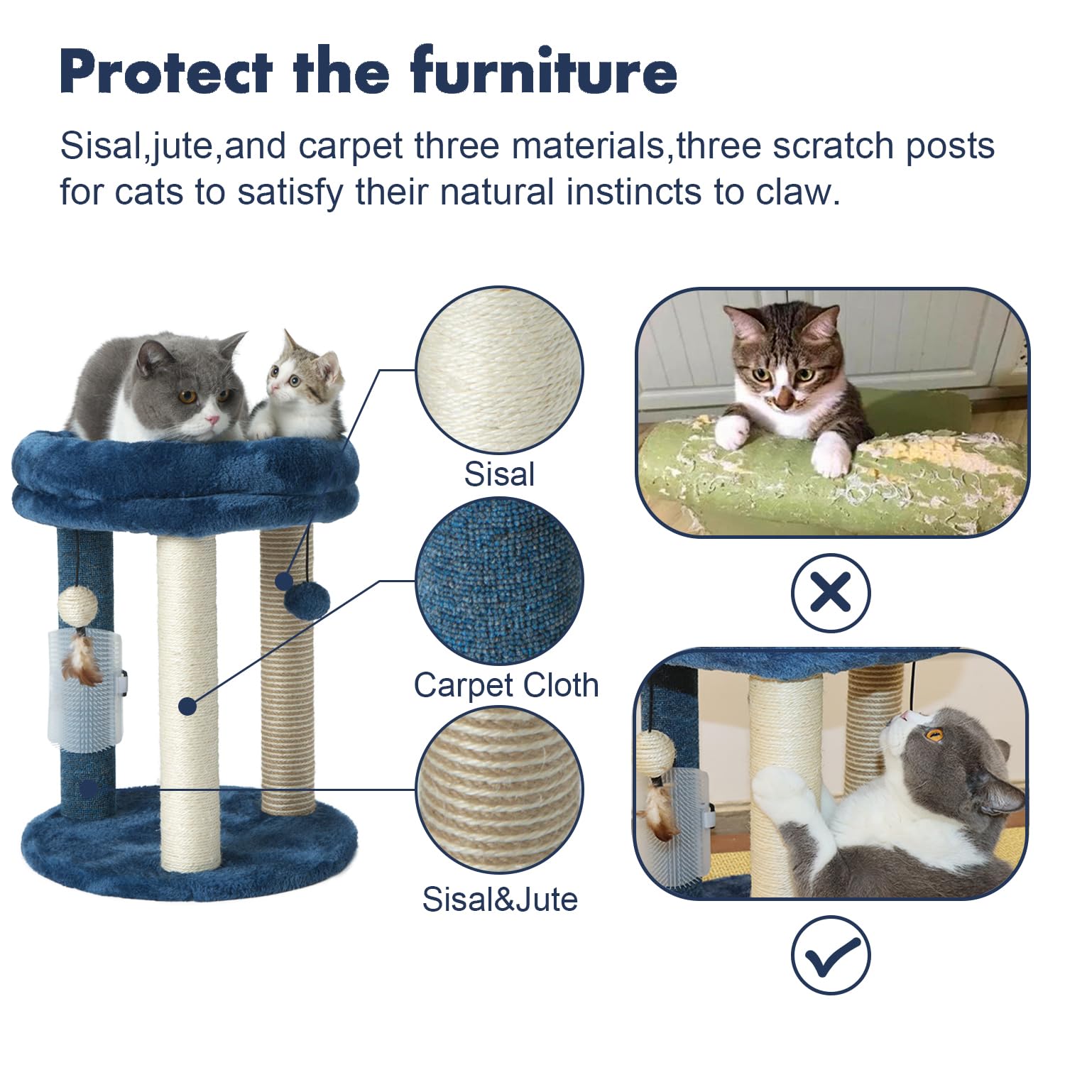 Mecool Cat Scratching Post Tree With Tower Soft Bed.Natural Quality Sisal Carpet Jute Scratch Posts With Three Hanging Ball Toys