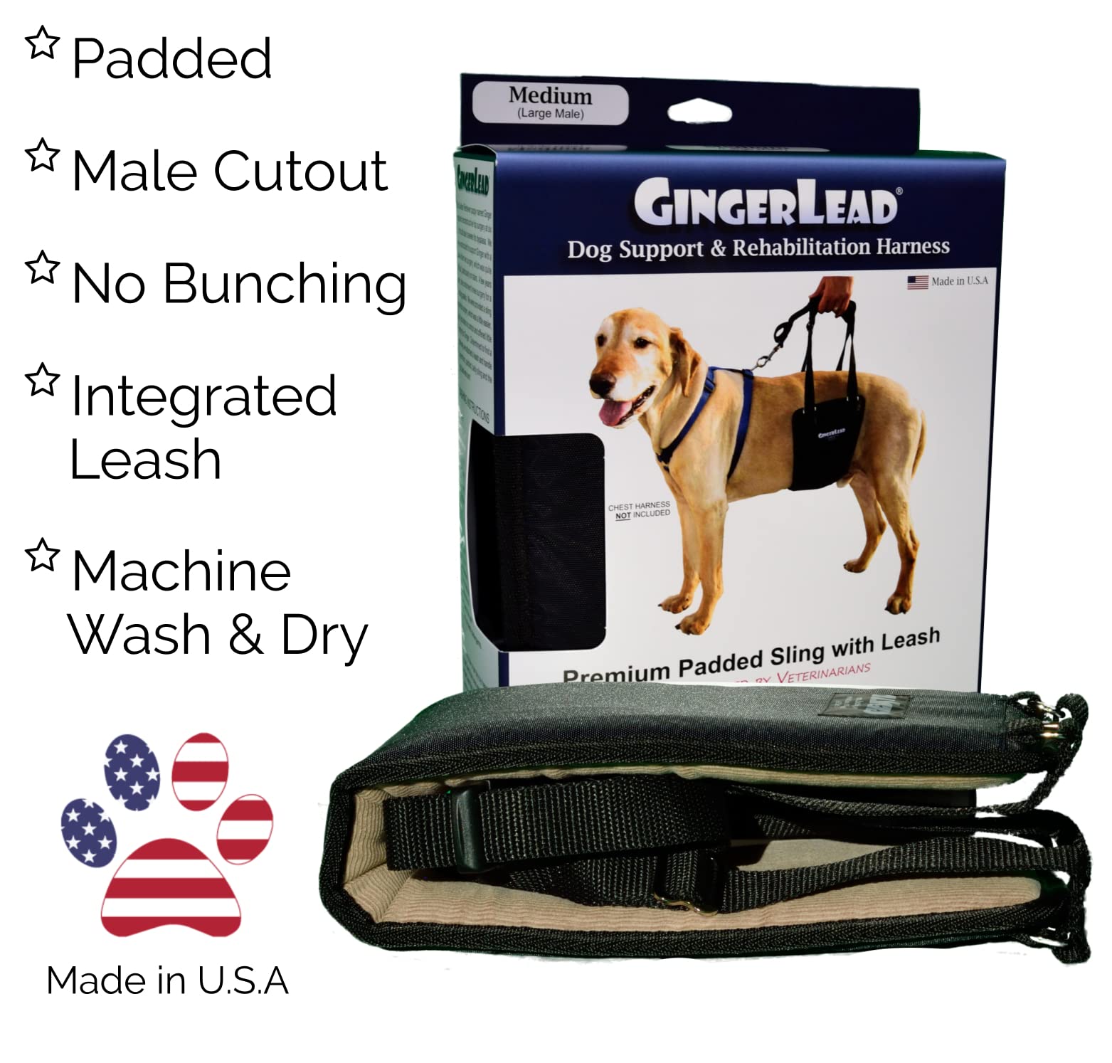 Gingerlead Dog Rear Support Sling Harness, M/Lg Unisex With Cutout Fits Male & Female Dogs. Padded Hip Lifting Aid Helps Old Pet