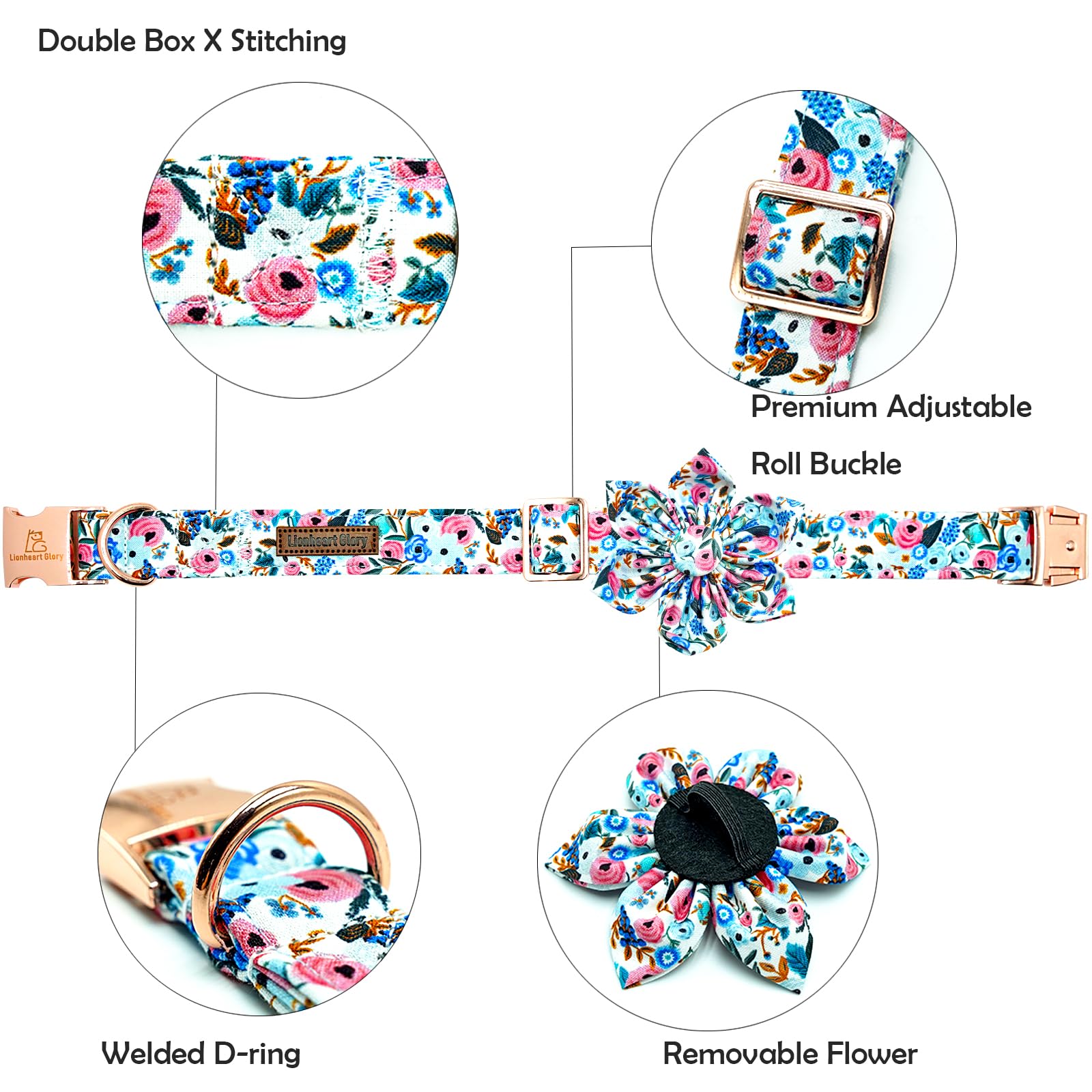 Lionheart Glory Floral Dog Collar with Flowers - Soft, Durable & Adjustable for Small Dogs