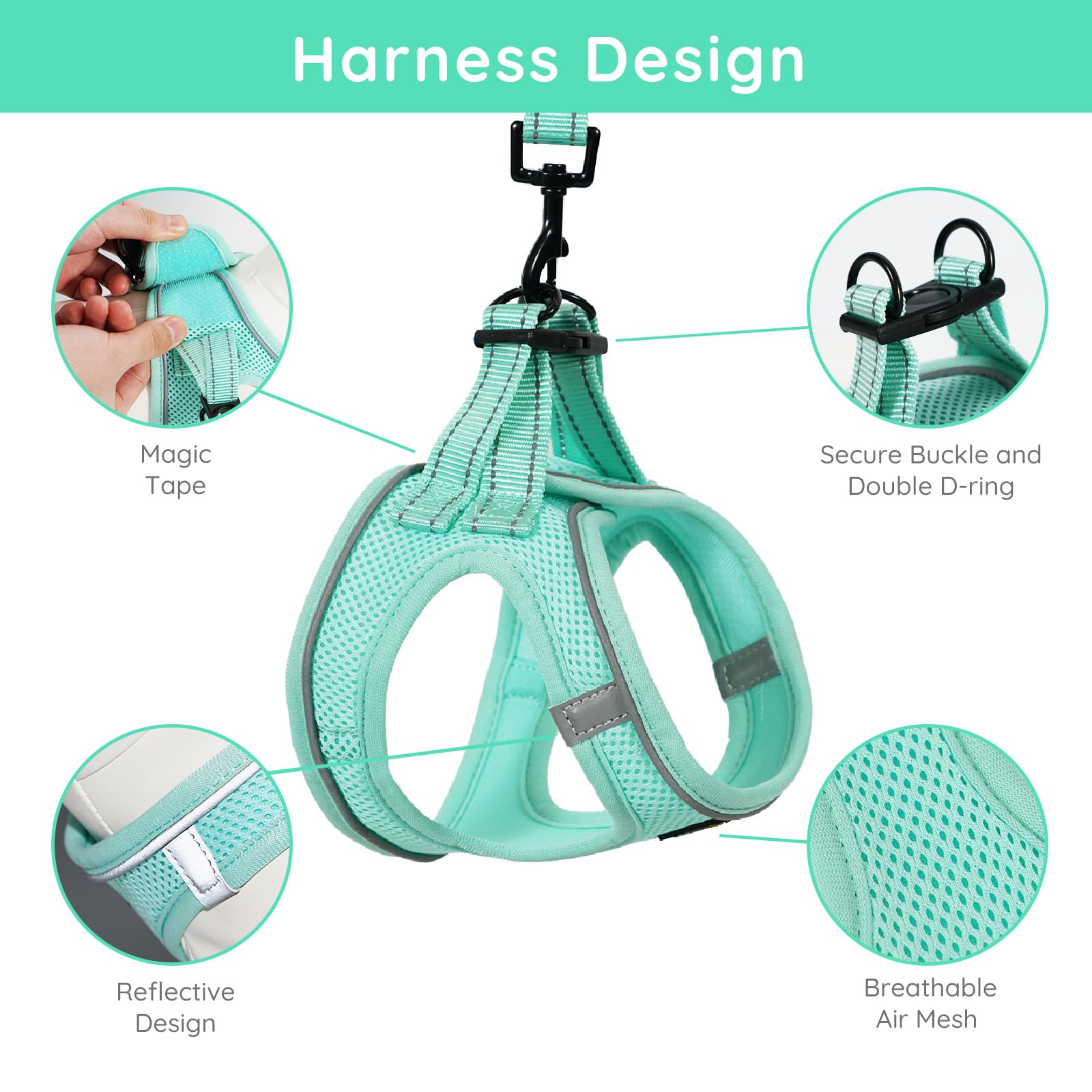 Bella & Pal Small Dog Harness With Leash Set, Light Green, Size S, No Pull, Reflective Strips, Step-In Design