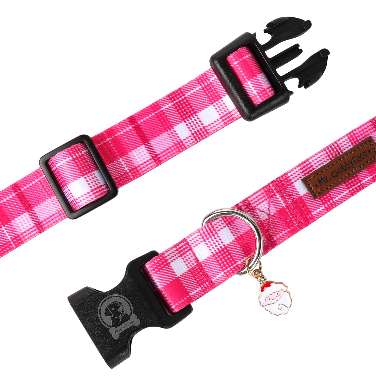 Mr. Chubbyface Christmas Webbing Dog Collar, Pink Plaid Pet Collar With Adjustable Buckle Christmas Collars For Small Medium Lar