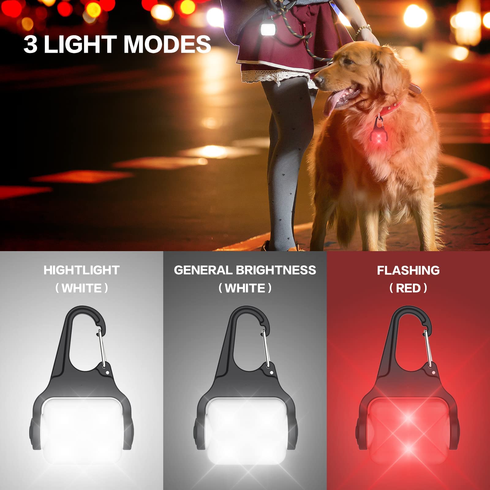 Blbs Rechargeable Dog Collar Light -3 Modes Dog Light, Ip65 Waterproof Dog Walking Light, 50Lm Dog Lights For Night Walking, Running, Camping, Climbing, Bike, 2 Pack