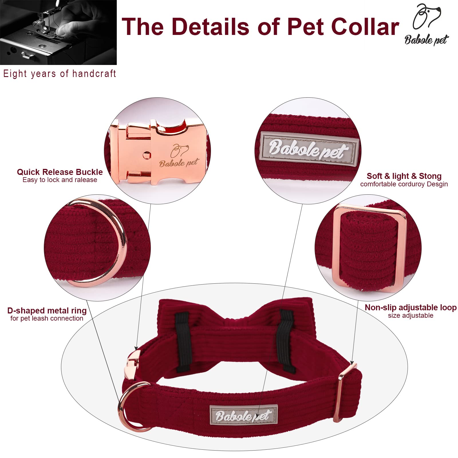 Babole Pet Wine Red Dog Collars for Medium Dog,Cute Corduroy Dog Collar with Bow Tie Safety Metal Buckle Adjustable Puppy Collar